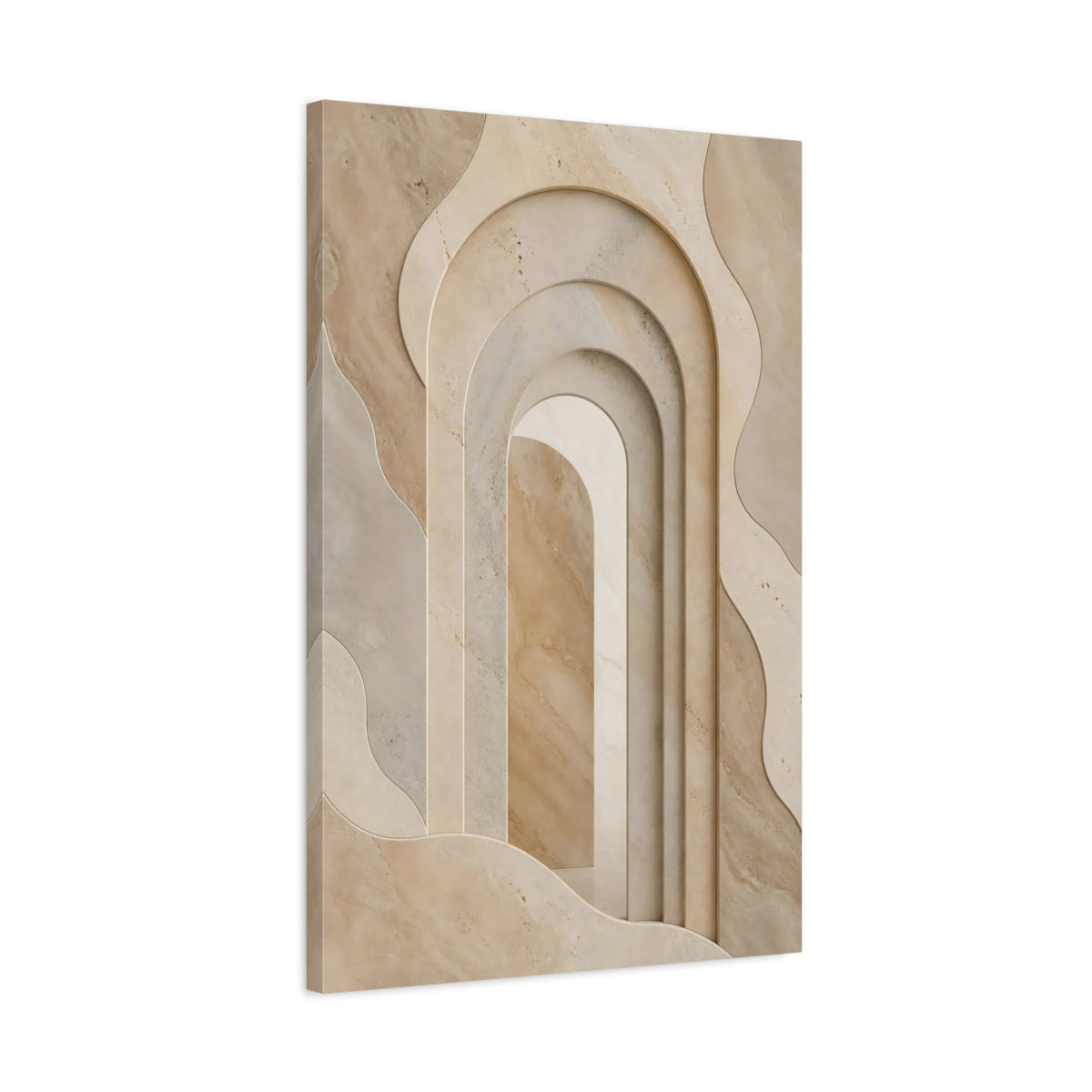 Side Mockup 2. Abstract Stone Arches Brown And Beige shown as stretched canvas wall art