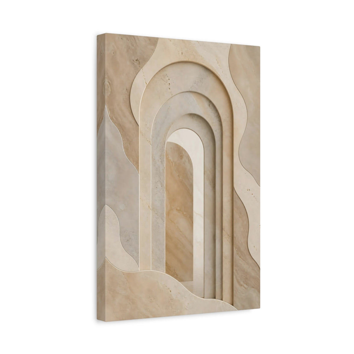 Side Mockup 4. Abstract Stone Arches Brown And Beige shown as stretched canvas wall art