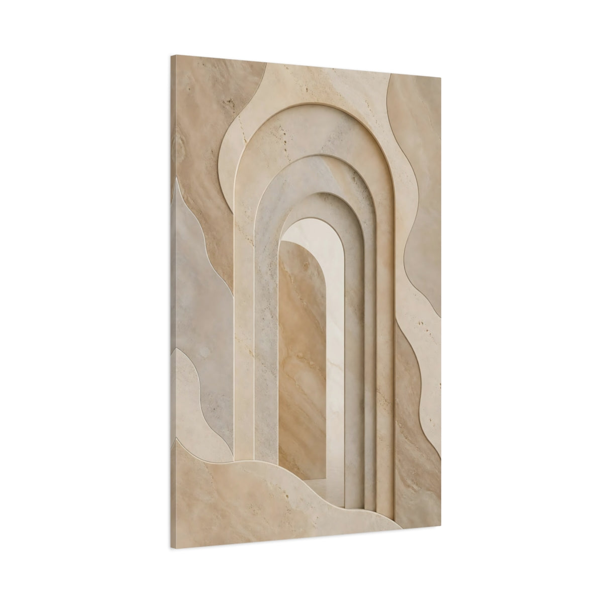 Side Mockup 1. Abstract Stone Arches Brown And Beige shown as stretched canvas wall art