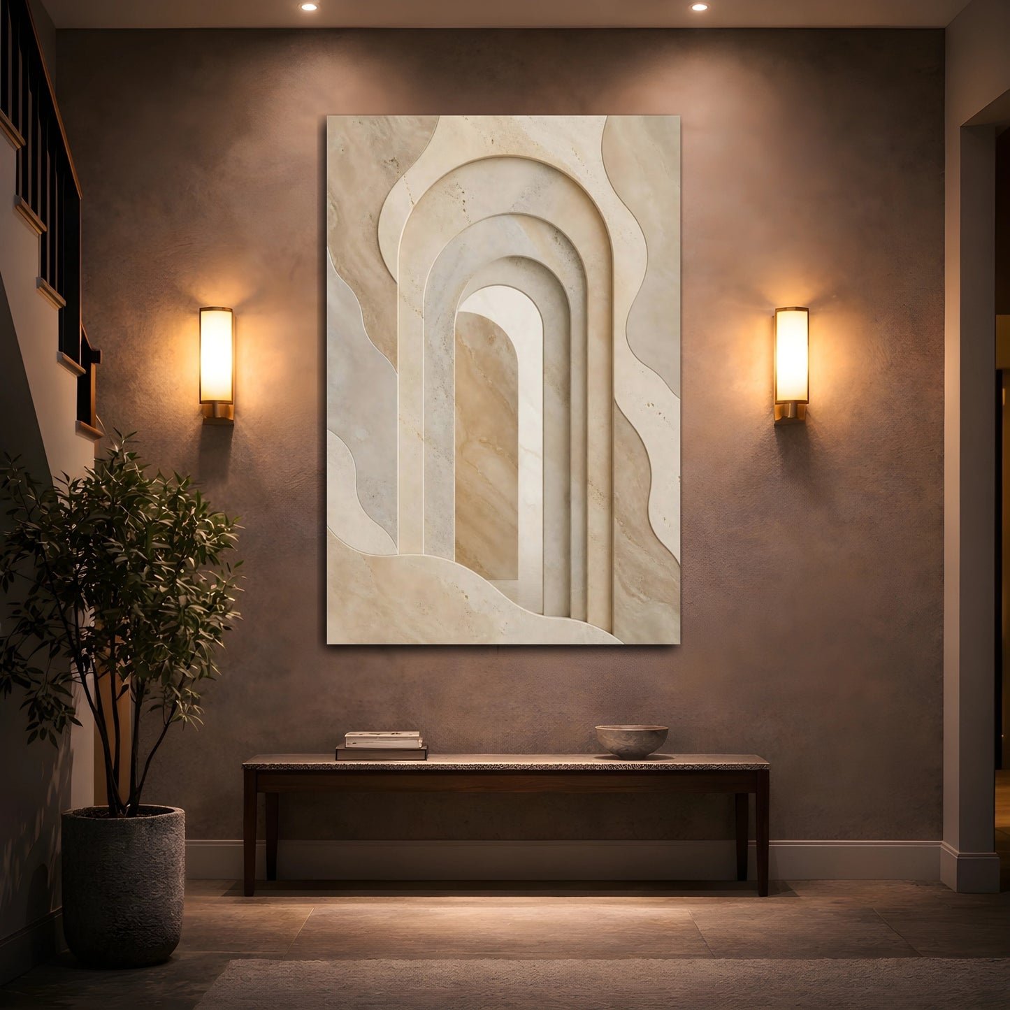 Mockup 2. Abstract Stone Arches Brown And Beige shown as stretched canvas wall art