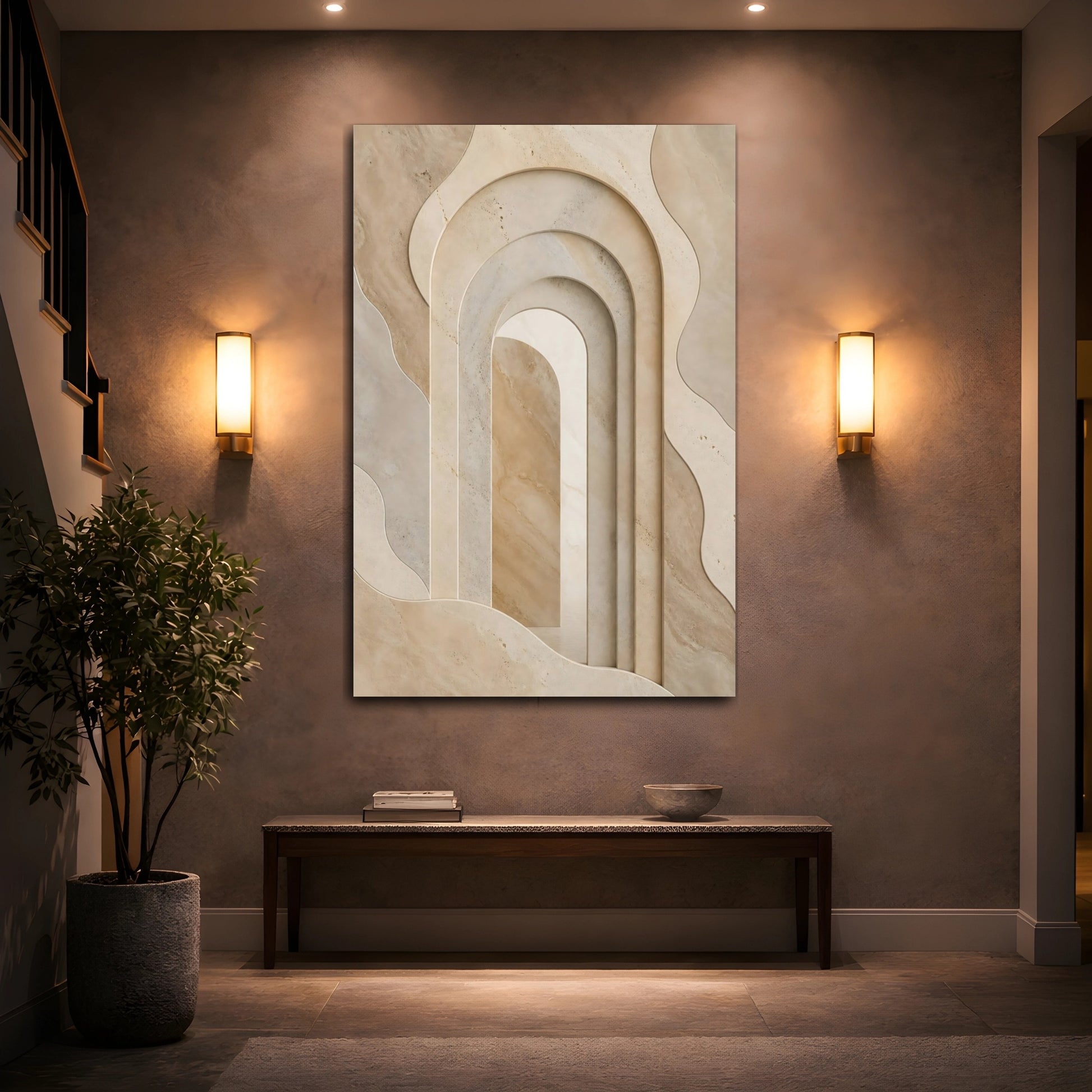 Mockup 2. Abstract Stone Arches Brown And Beige shown as stretched canvas wall art