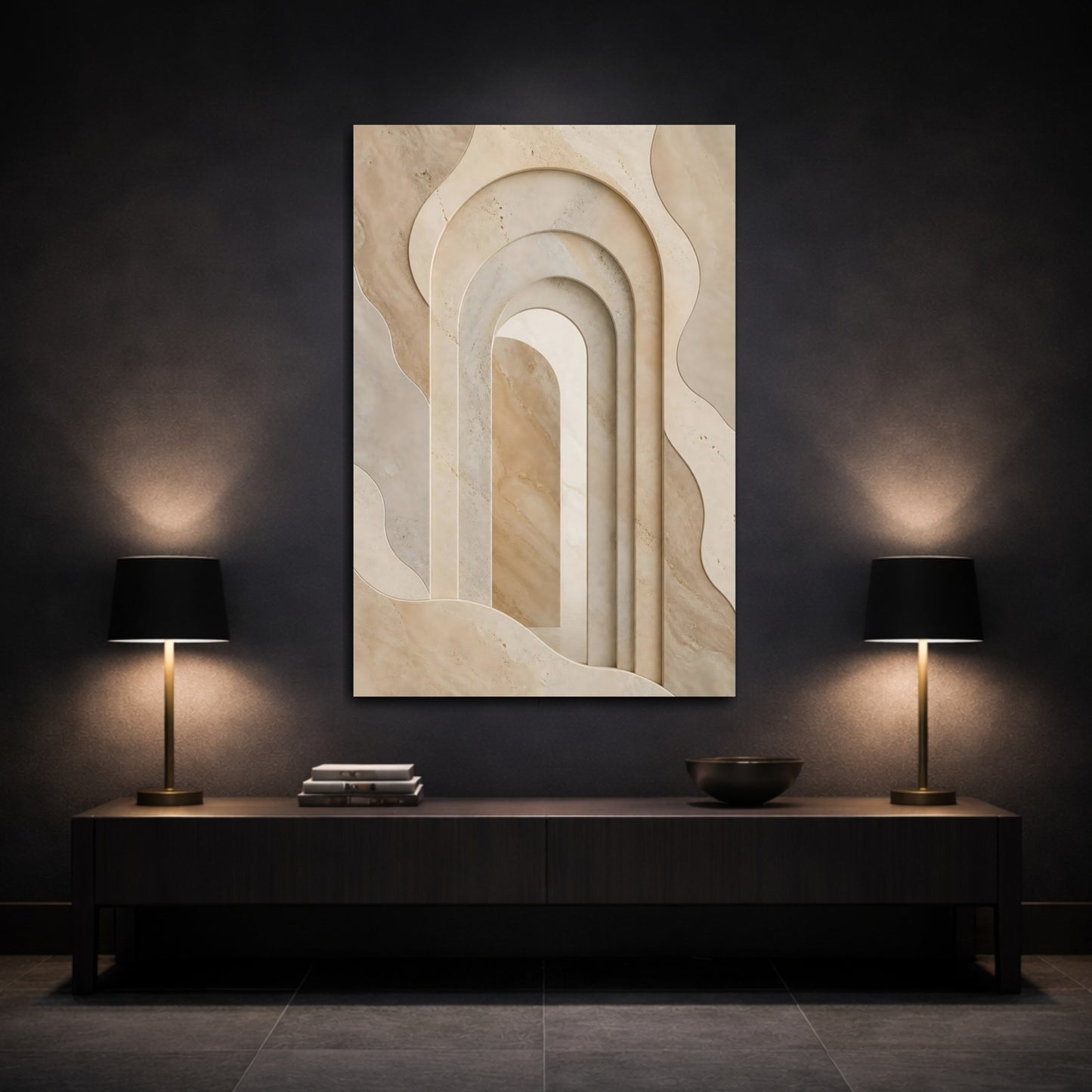 Mockup 3. Abstract Stone Arches Brown And Beige shown as stretched canvas wall art