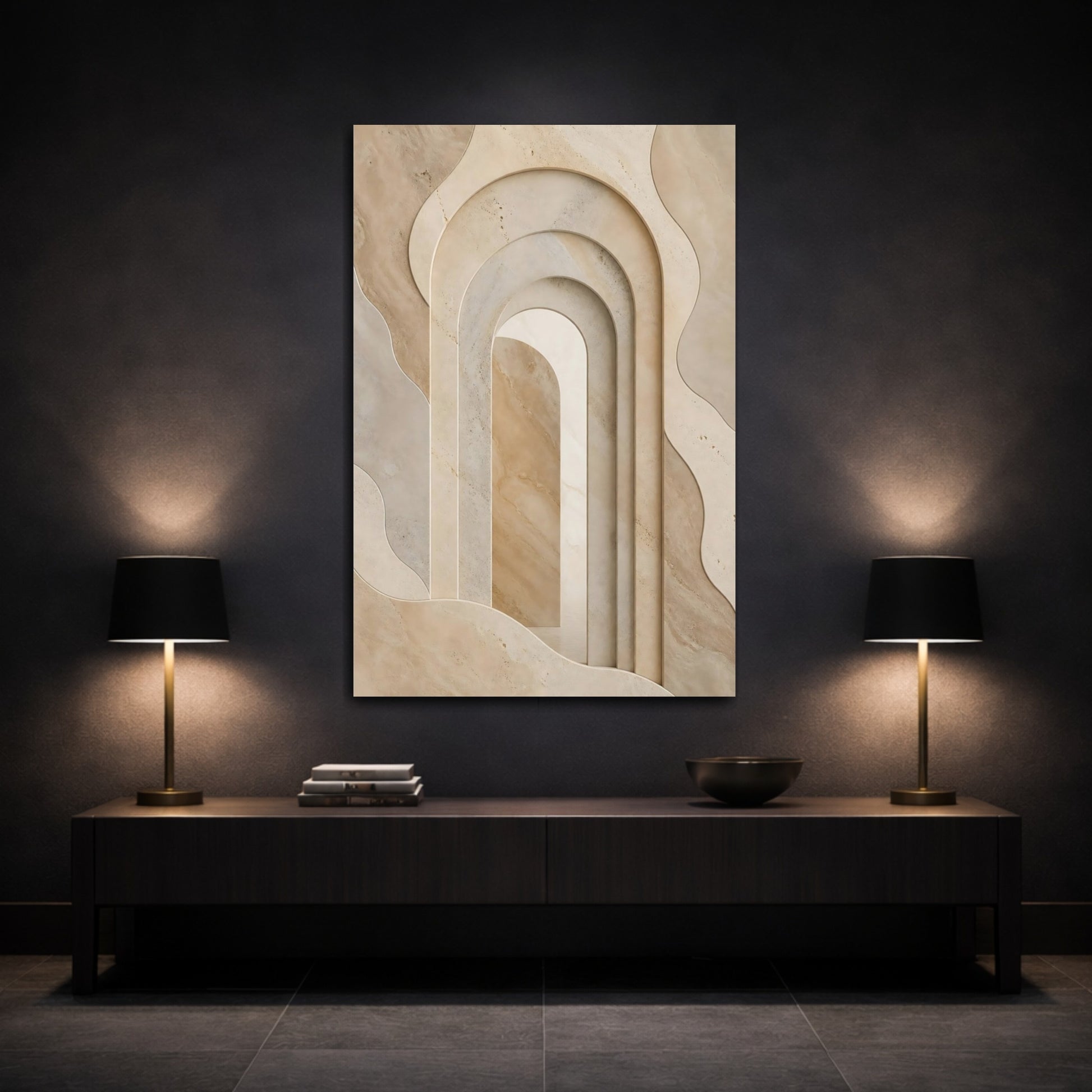 Mockup 3. Abstract Stone Arches Brown And Beige shown as stretched canvas wall art
