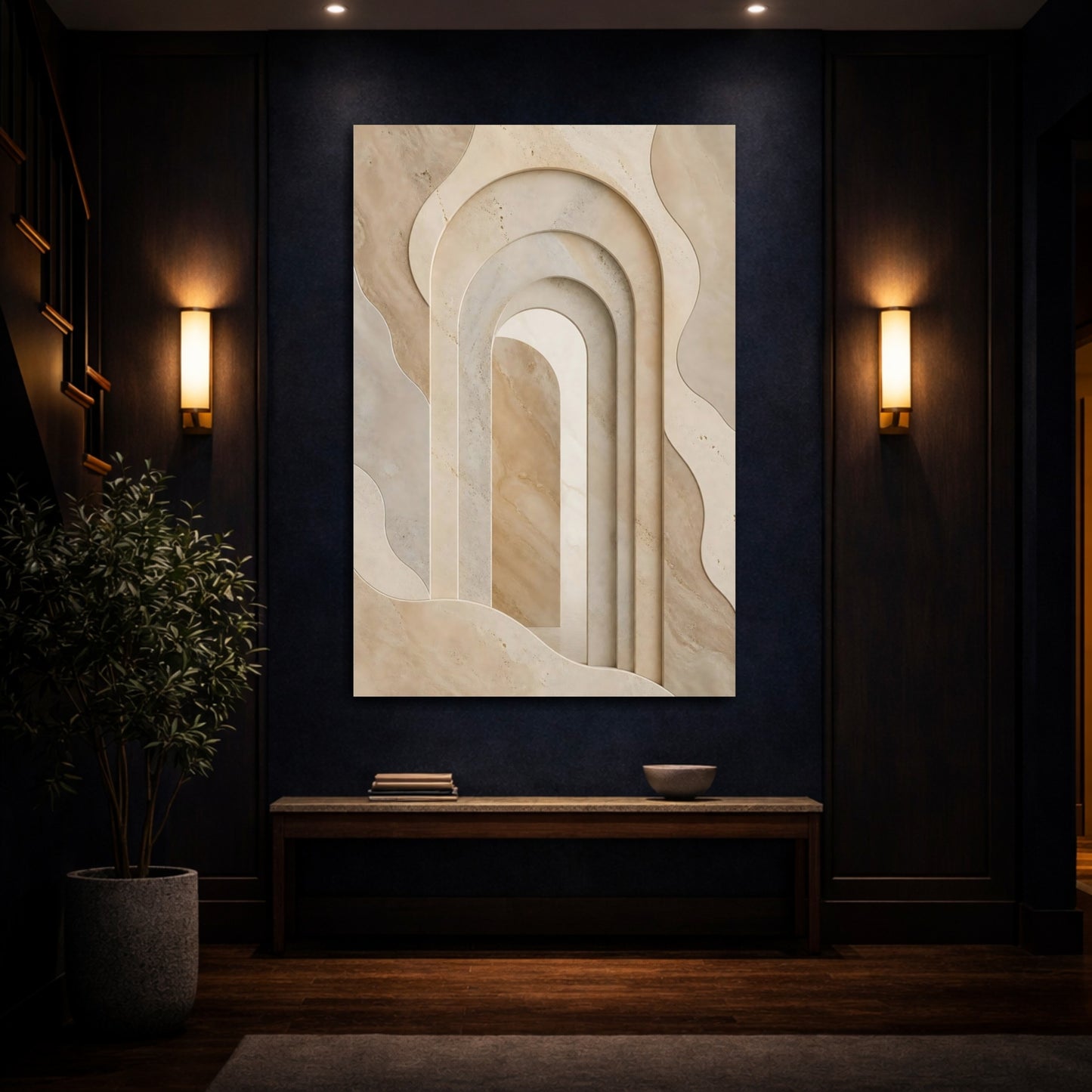 Mockup 4. Abstract Stone Arches Brown And Beige shown as stretched canvas wall art