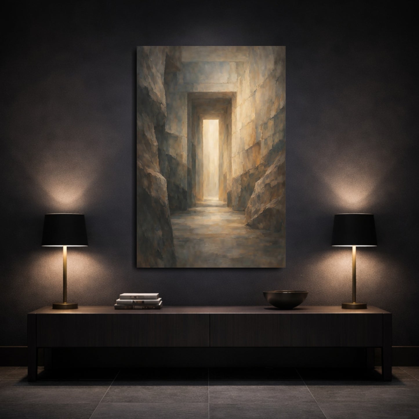 Mockup 2. Abstract Stone Corridor Earthy Tones Passageway shown as stretched canvas wall art