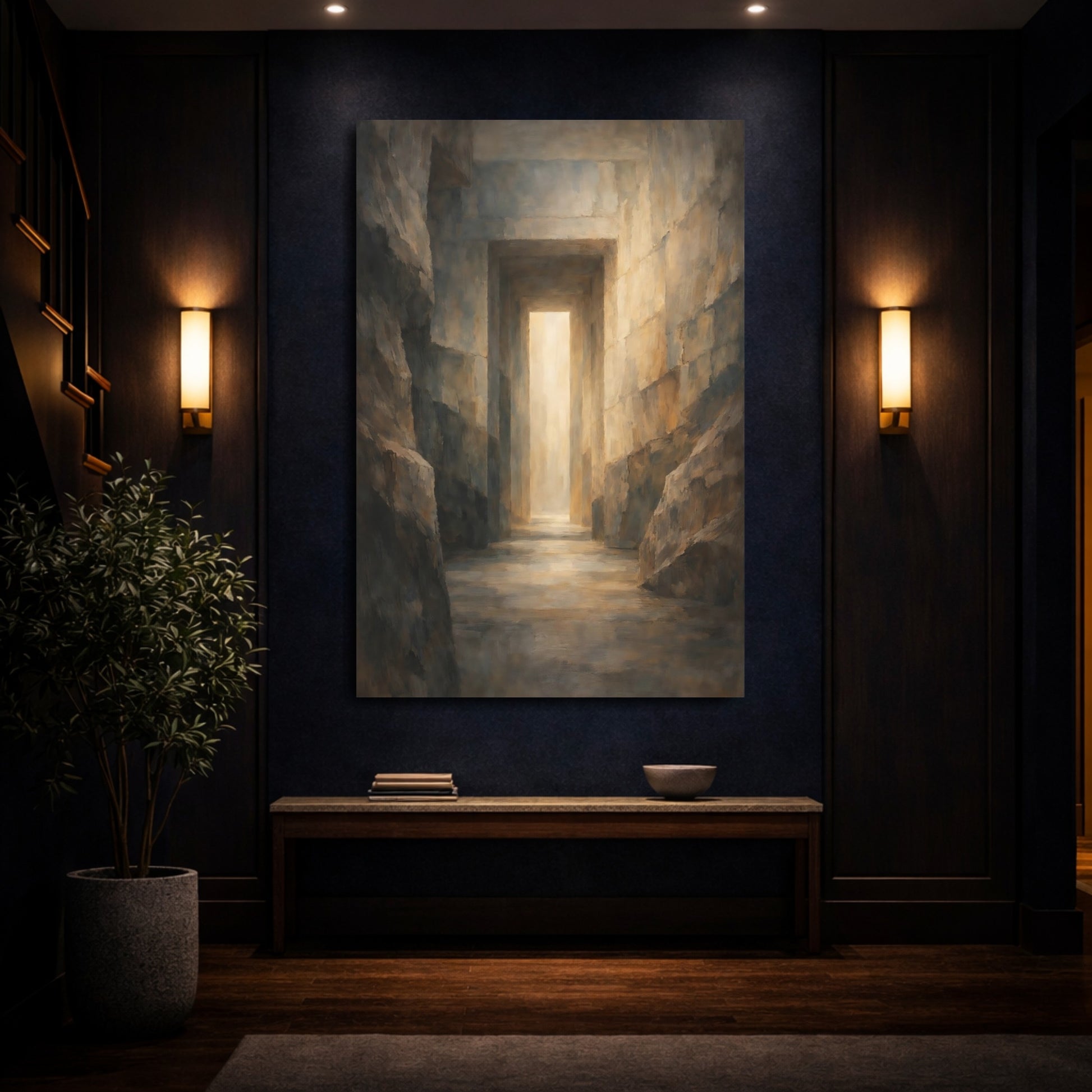 Mockup 3. Abstract Stone Corridor Earthy Tones Passageway shown as stretched canvas wall art