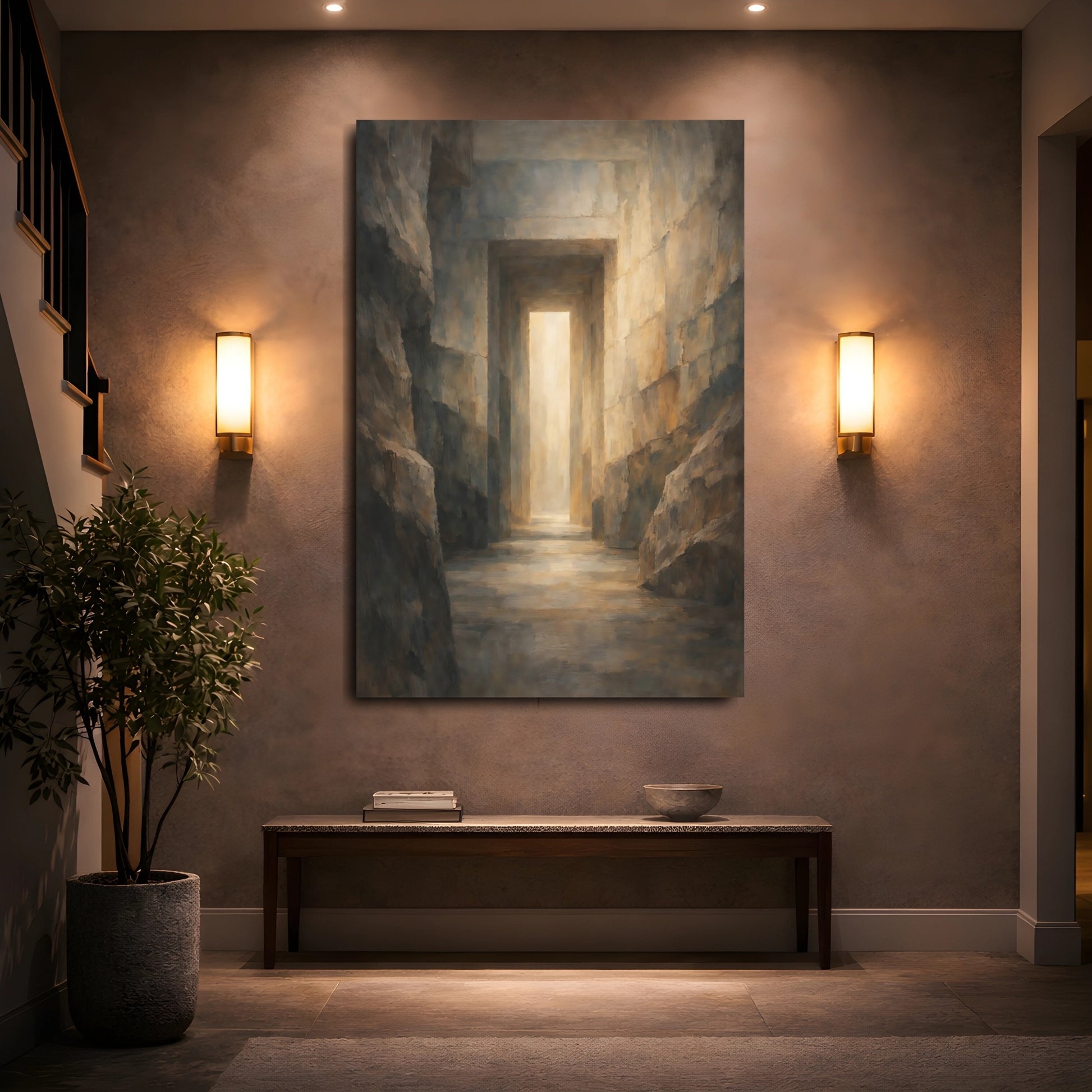 Mockup 4. Abstract Stone Corridor Earthy Tones Passageway shown as stretched canvas wall art