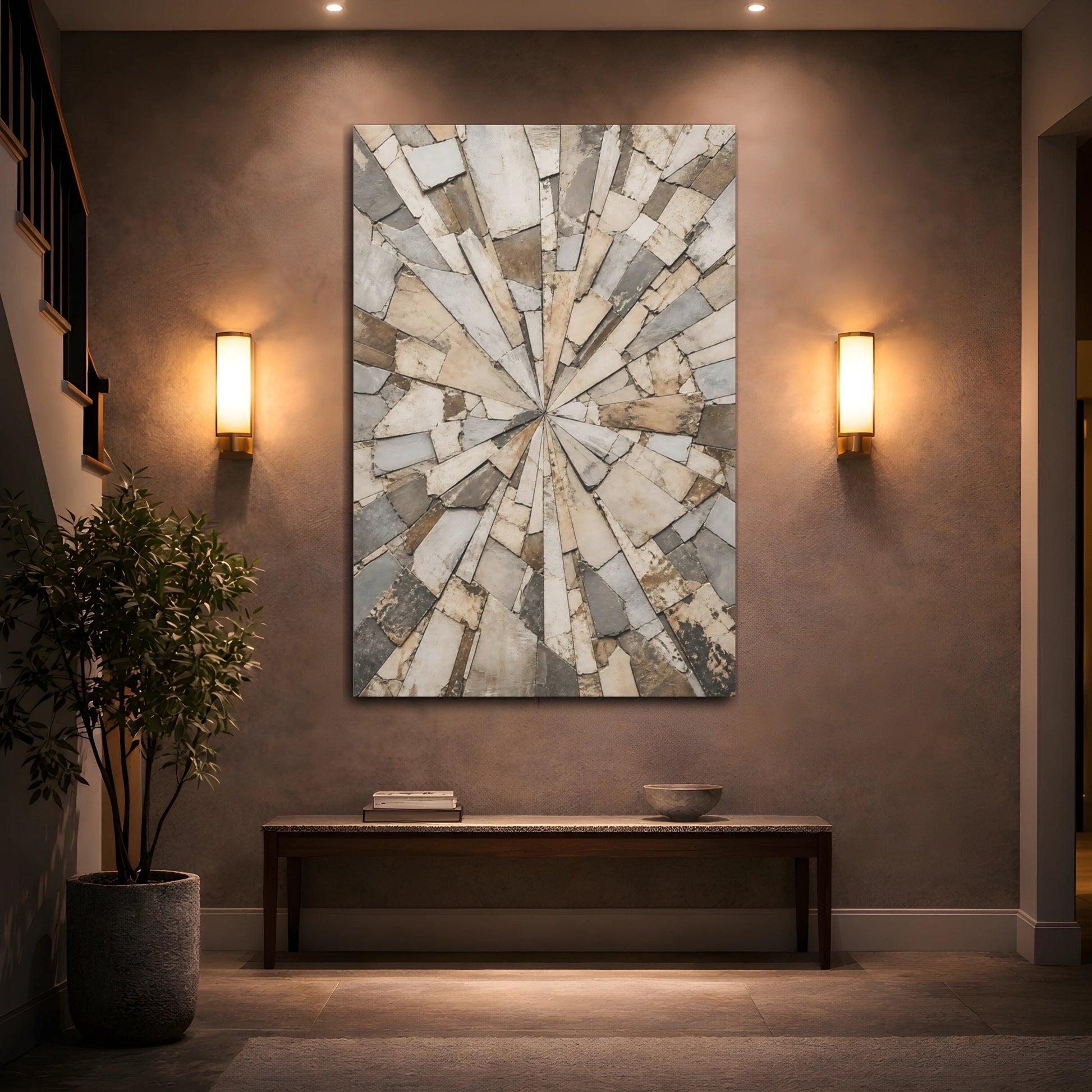 Mockup 2. Abstract Stone Mosaic Brown And Grey Stone shown as stretched canvas wall art