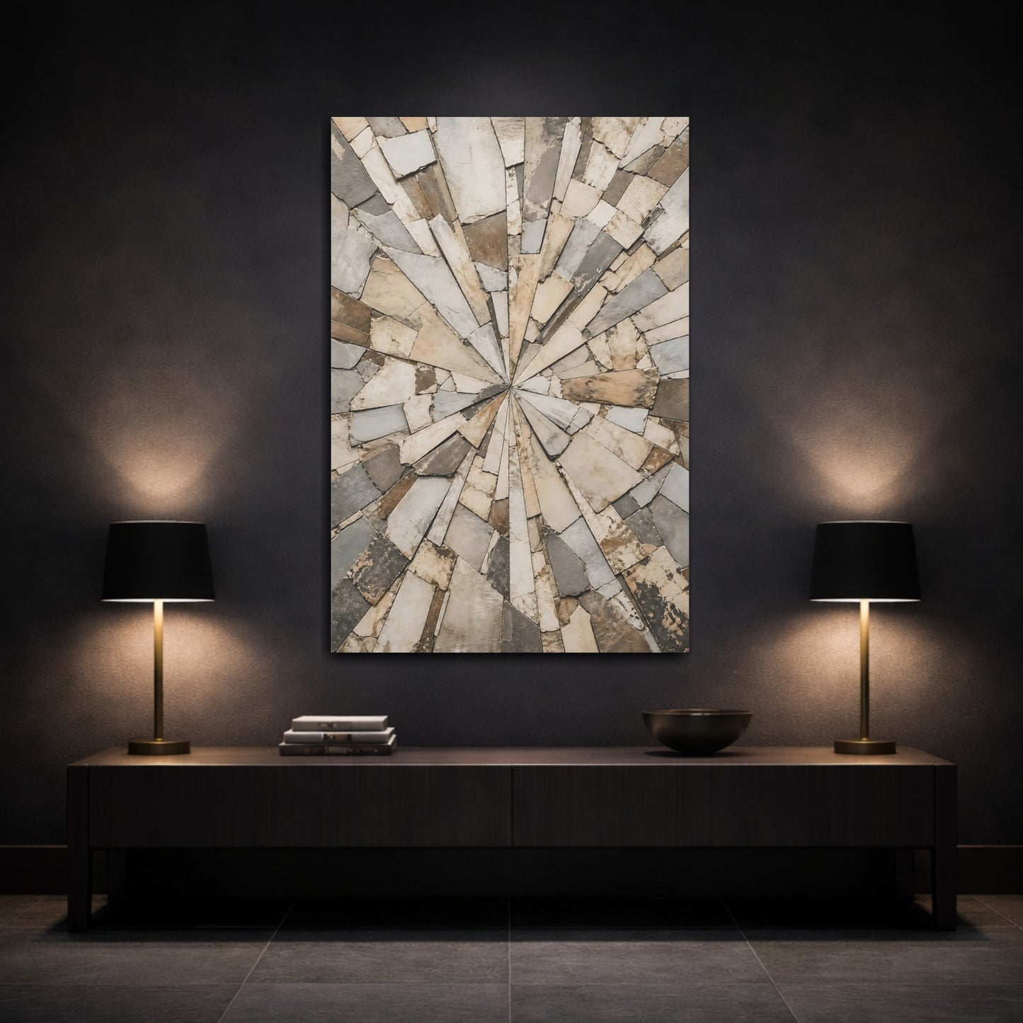 Mockup 3. Abstract Stone Mosaic Brown And Grey Stone shown as stretched canvas wall art