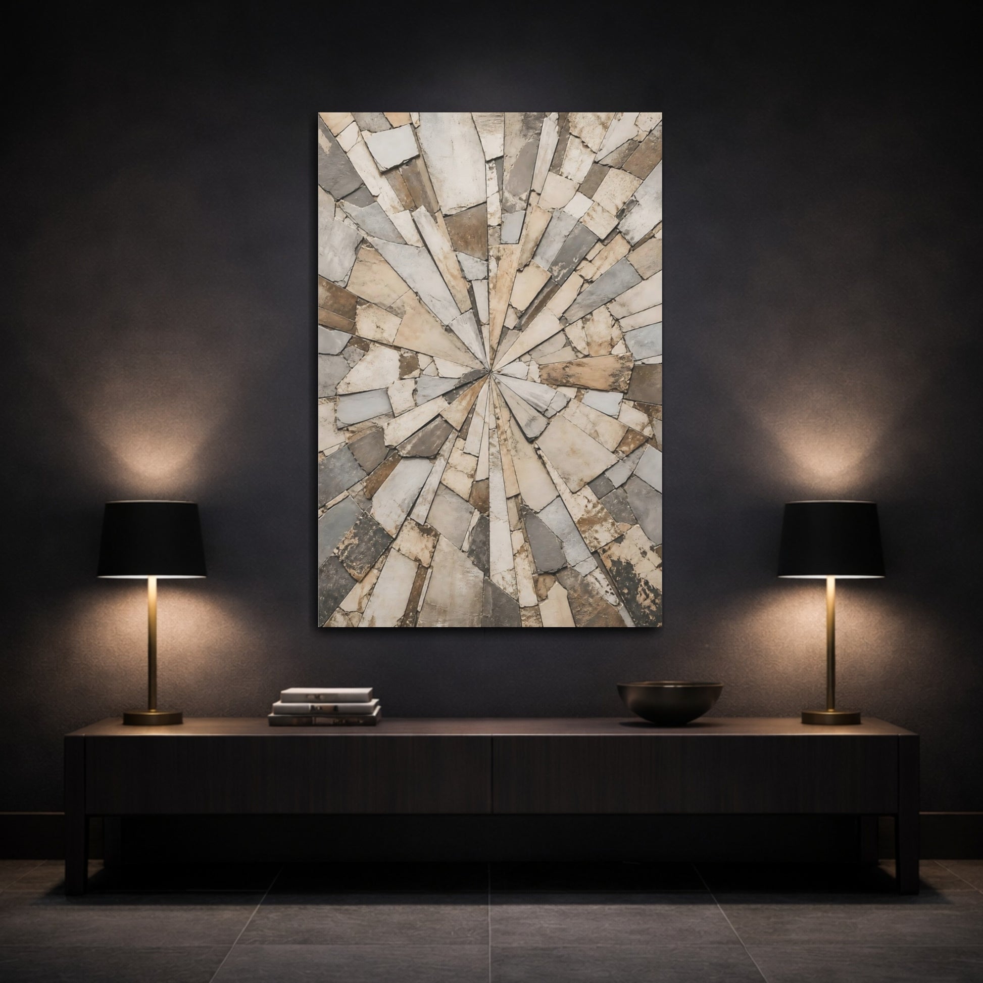 Mockup 3. Abstract Stone Mosaic Brown And Grey Stone shown as stretched canvas wall art