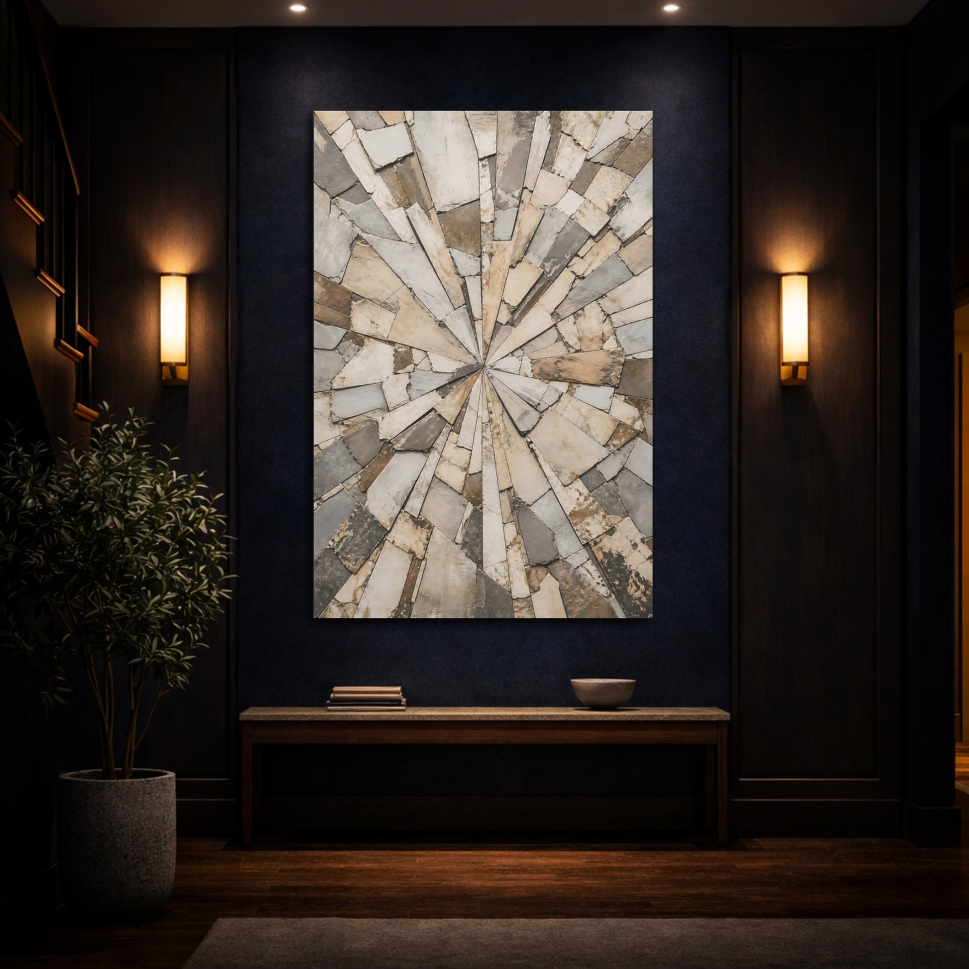 Mockup 4. Abstract Stone Mosaic Brown And Grey Stone shown as stretched canvas wall art