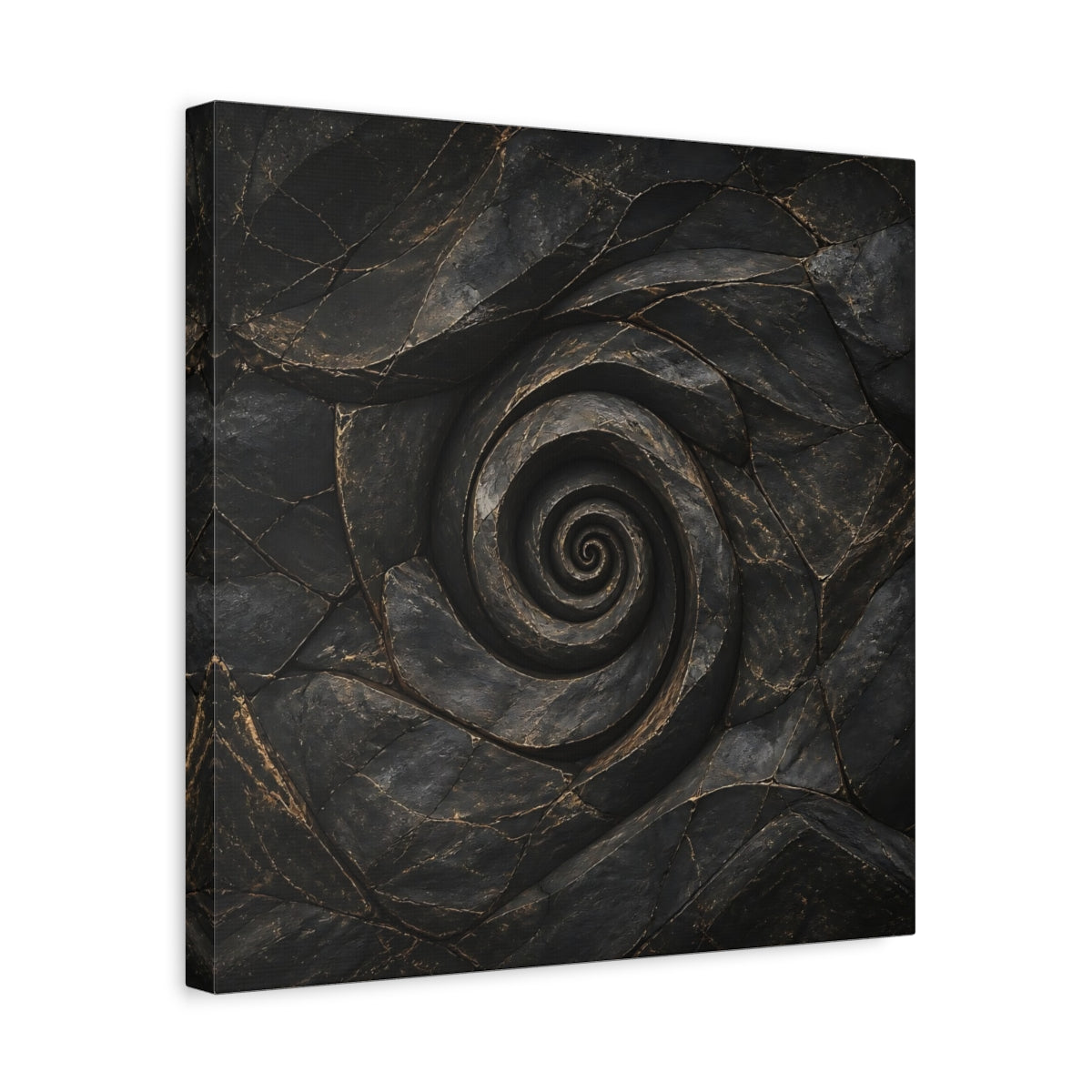 Side Mockup 6. Abstract Stone Spiral Dark Stone Spiral shown as stretched canvas wall art