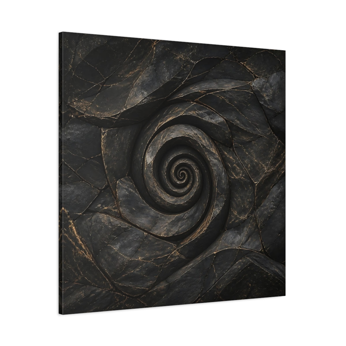 Side Mockup 1. Abstract Stone Spiral Dark Stone Spiral shown as stretched canvas wall art