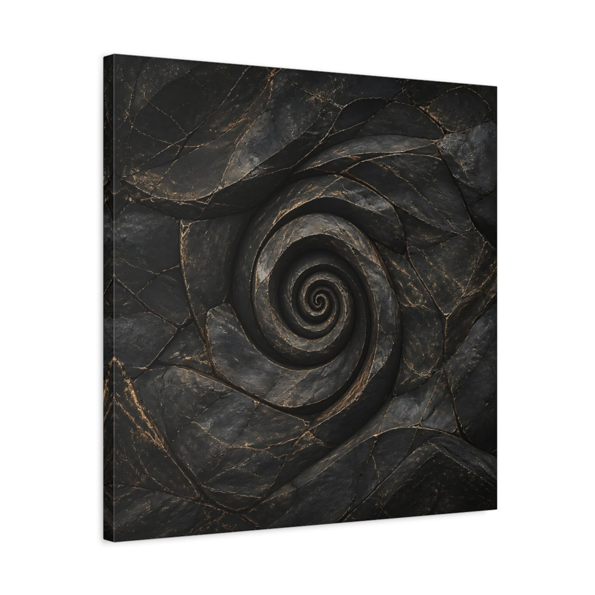 Side Mockup 4. Abstract Stone Spiral Dark Stone Spiral shown as stretched canvas wall art