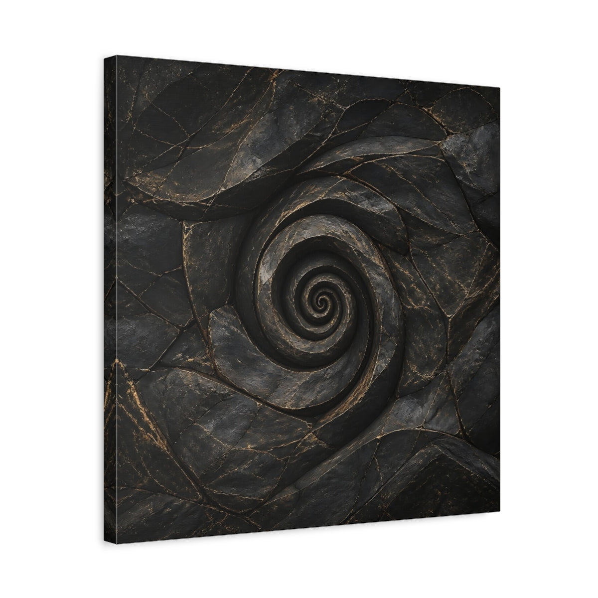 Side Mockup 5. Abstract Stone Spiral Dark Stone Spiral shown as stretched canvas wall art