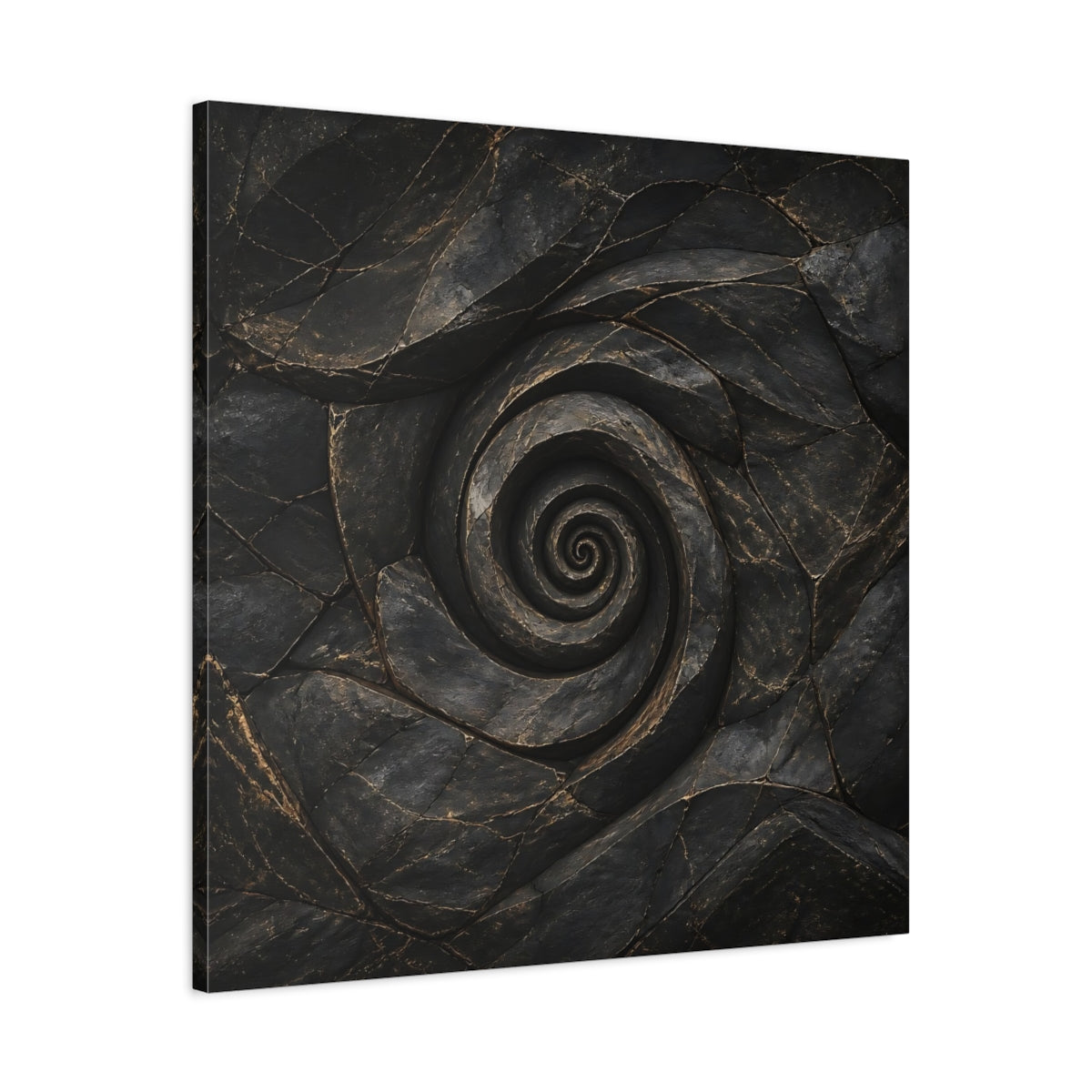 Side Mockup 3. Abstract Stone Spiral Dark Stone Spiral shown as stretched canvas wall art