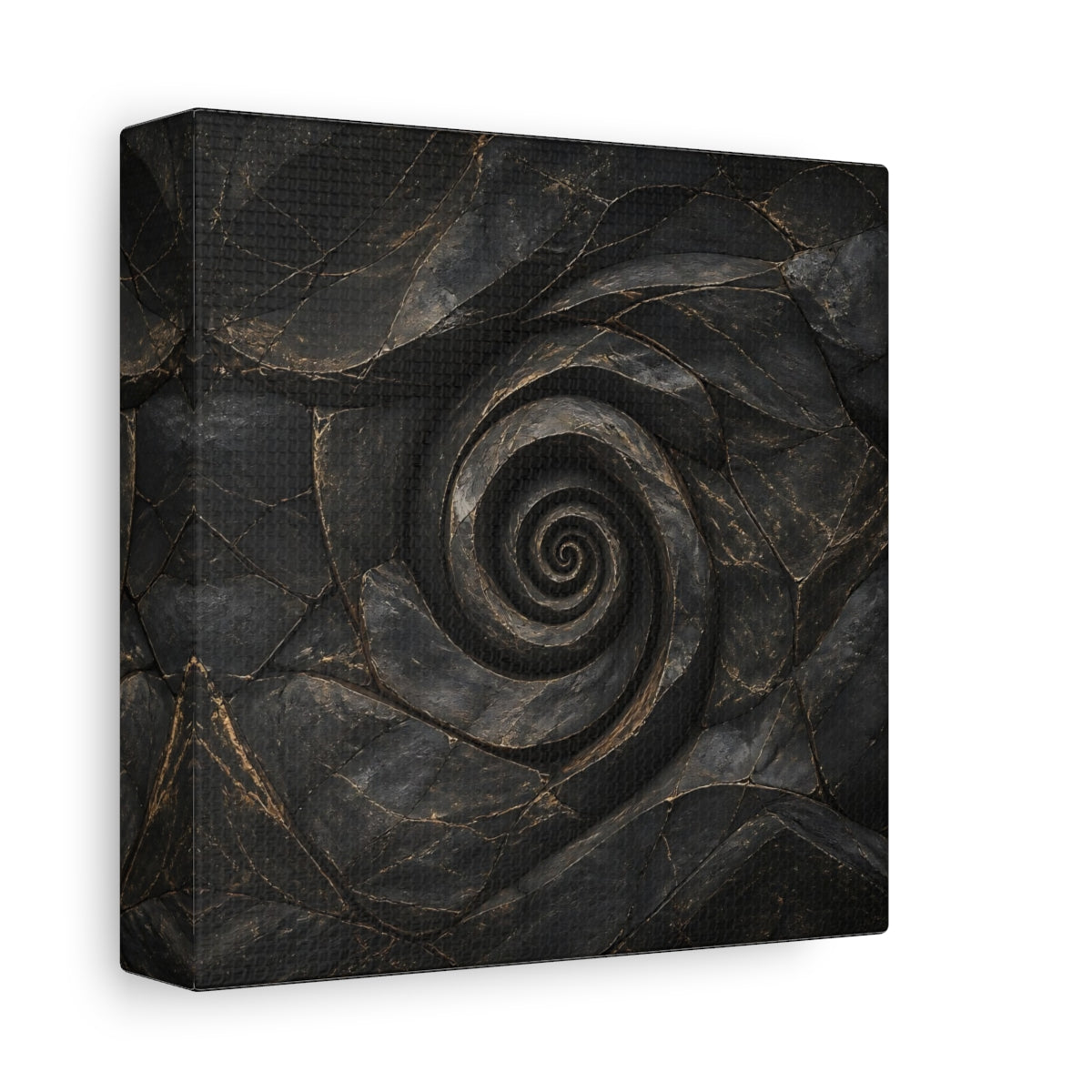 Side Mockup 2. Abstract Stone Spiral Dark Stone Spiral shown as stretched canvas wall art