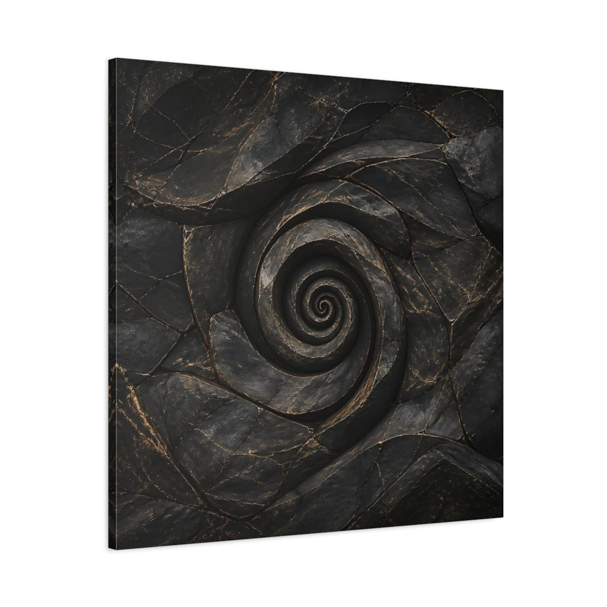 Main Mockup. Abstract Stone Spiral Dark Stone Spiral shown as stretched canvas wall art