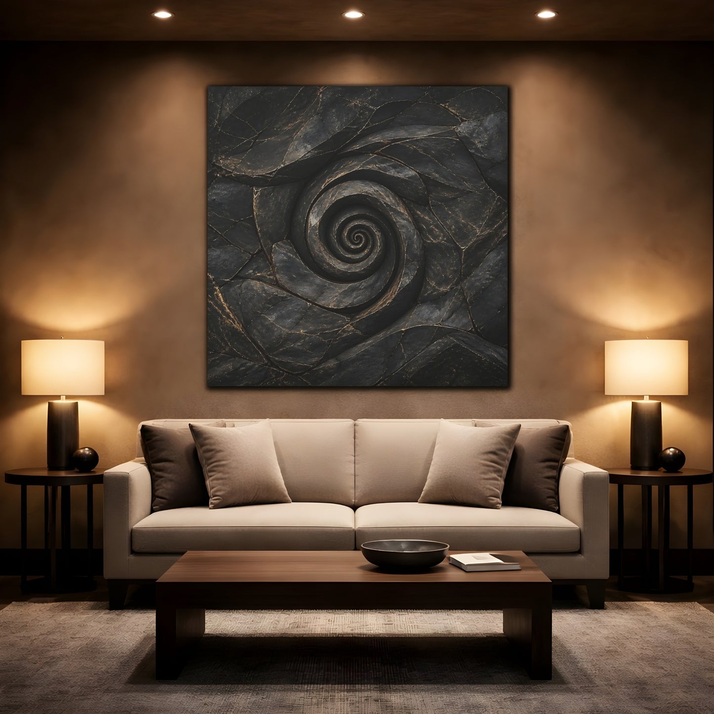 Mockup 2. Abstract Stone Spiral Dark Stone Spiral shown as stretched canvas wall art