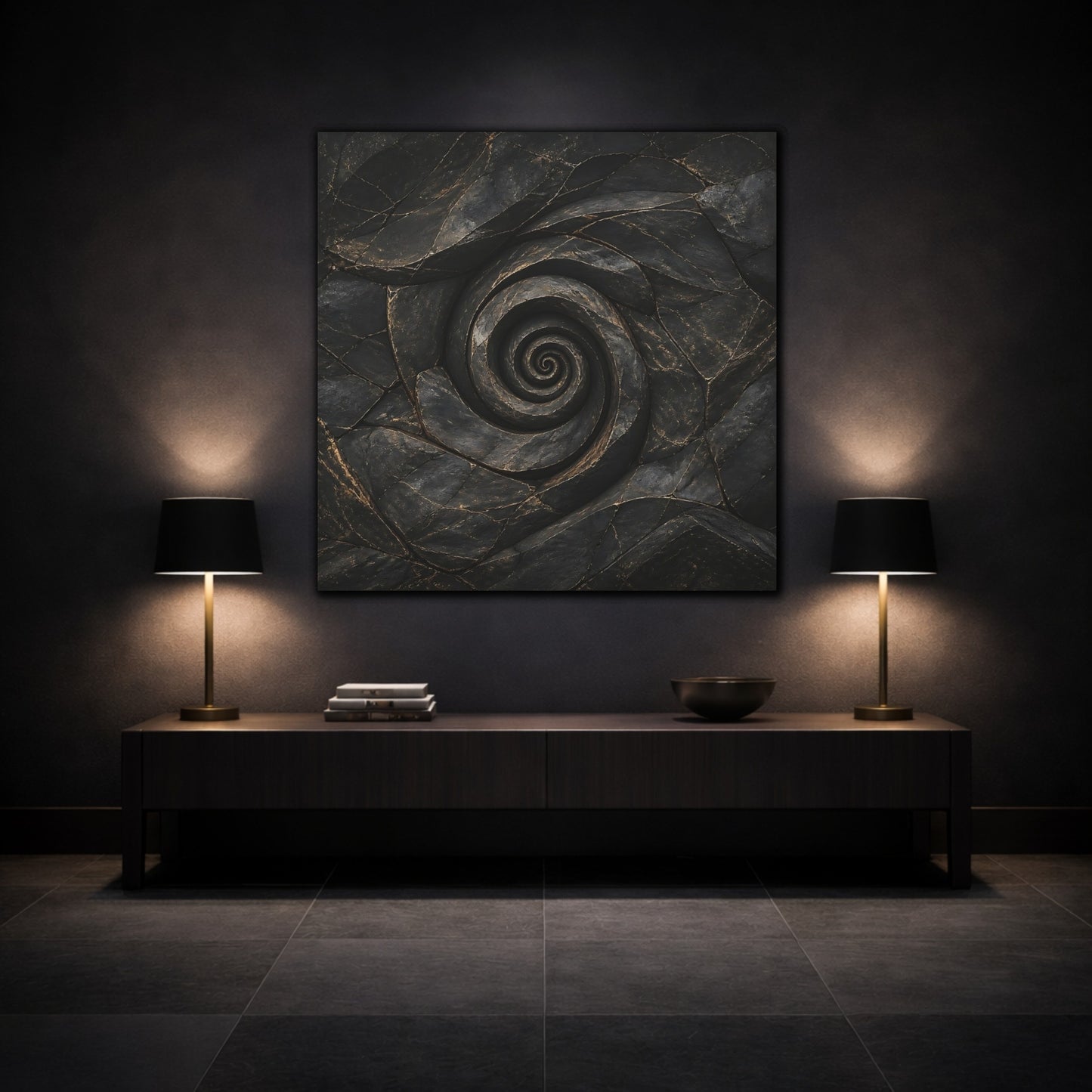 Mockup 3. Abstract Stone Spiral Dark Stone Spiral shown as stretched canvas wall art