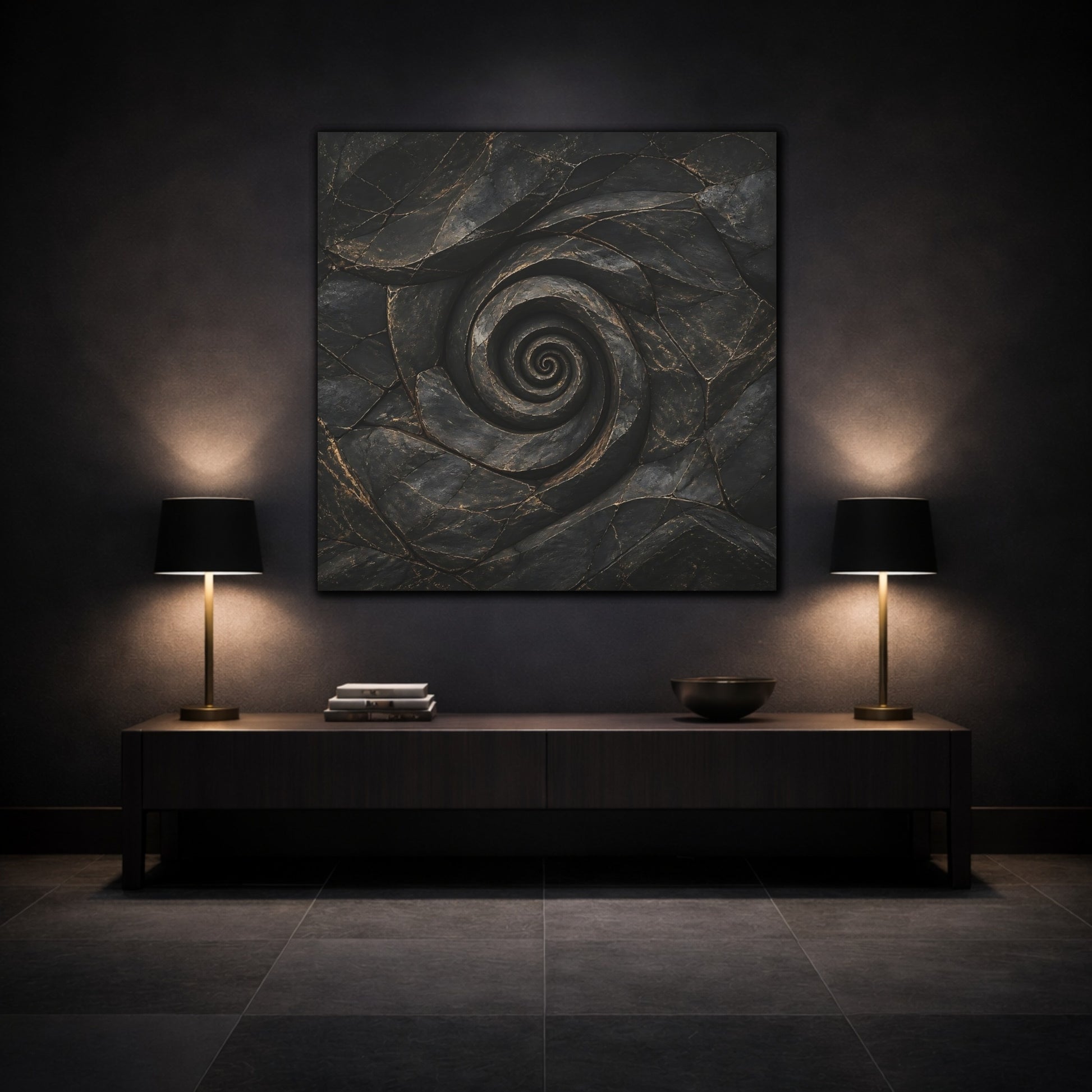 Mockup 3. Abstract Stone Spiral Dark Stone Spiral shown as stretched canvas wall art