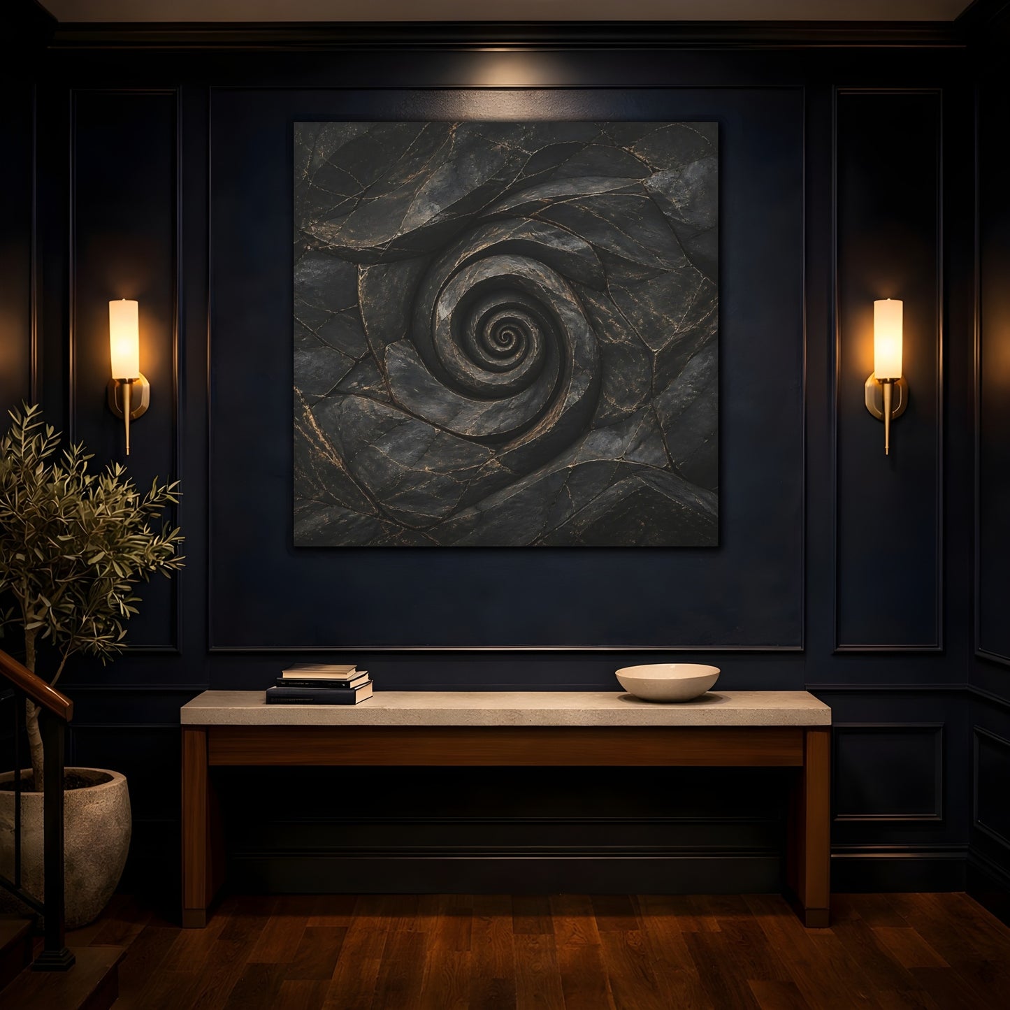 Mockup 4. Abstract Stone Spiral Dark Stone Spiral shown as stretched canvas wall art
