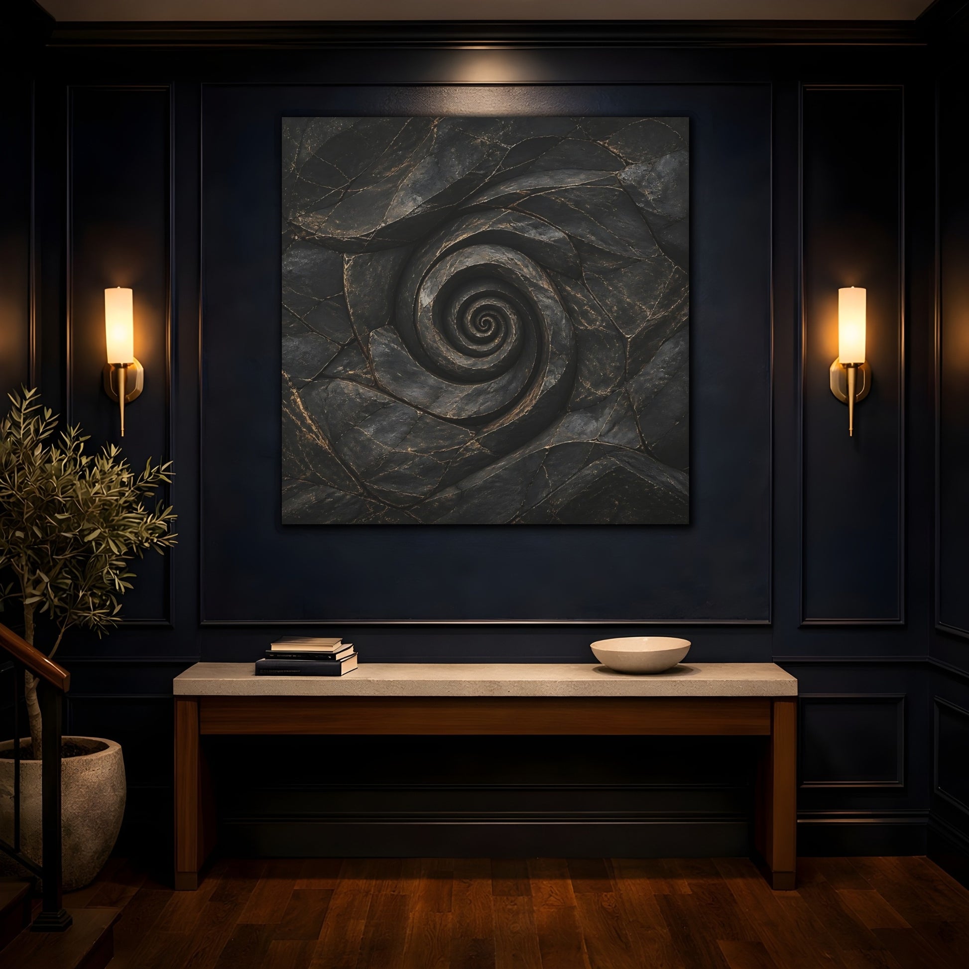 Mockup 4. Abstract Stone Spiral Dark Stone Spiral shown as stretched canvas wall art