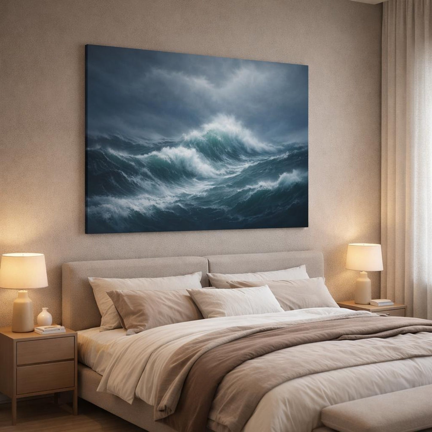 Abstract Stormy Ocean shown as canvas wall art in a luxury bedroom