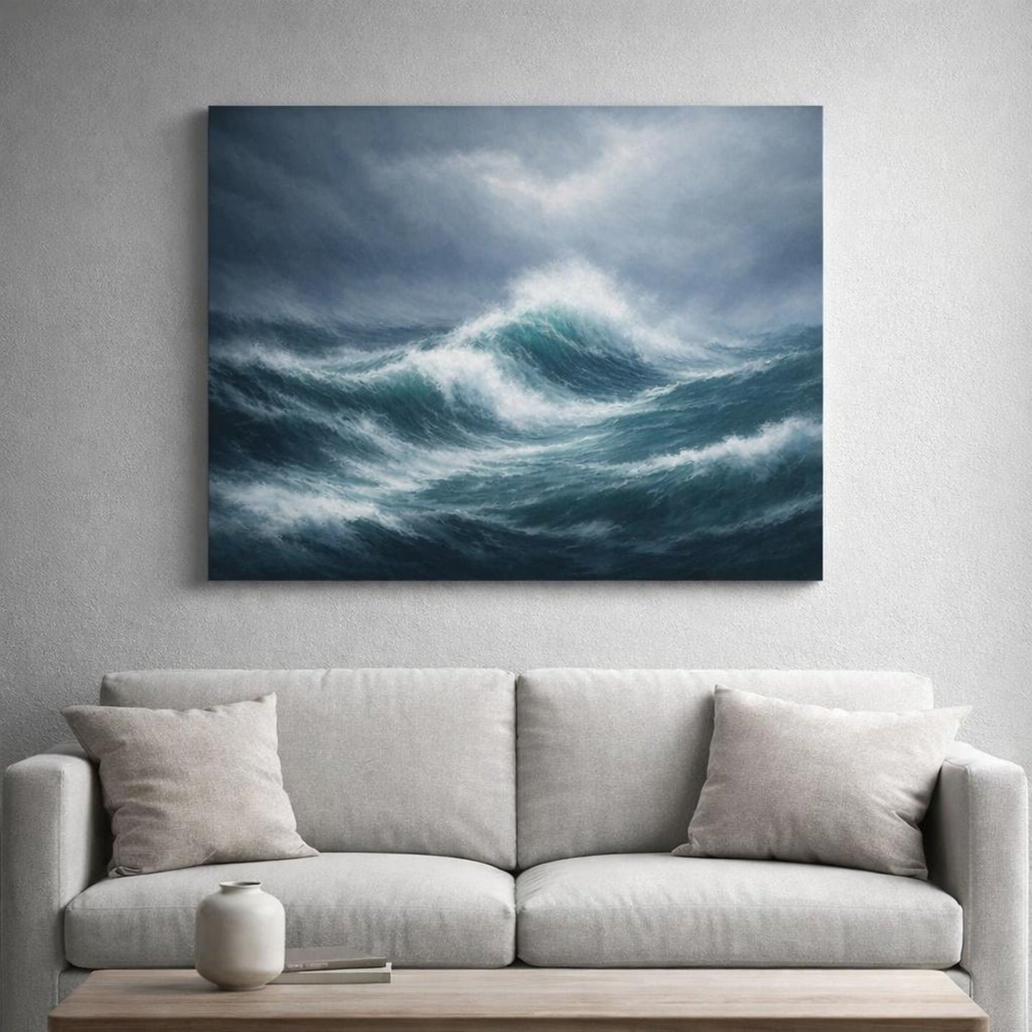 Abstract Stormy Ocean shown as canvas wall art in a luxury executive office