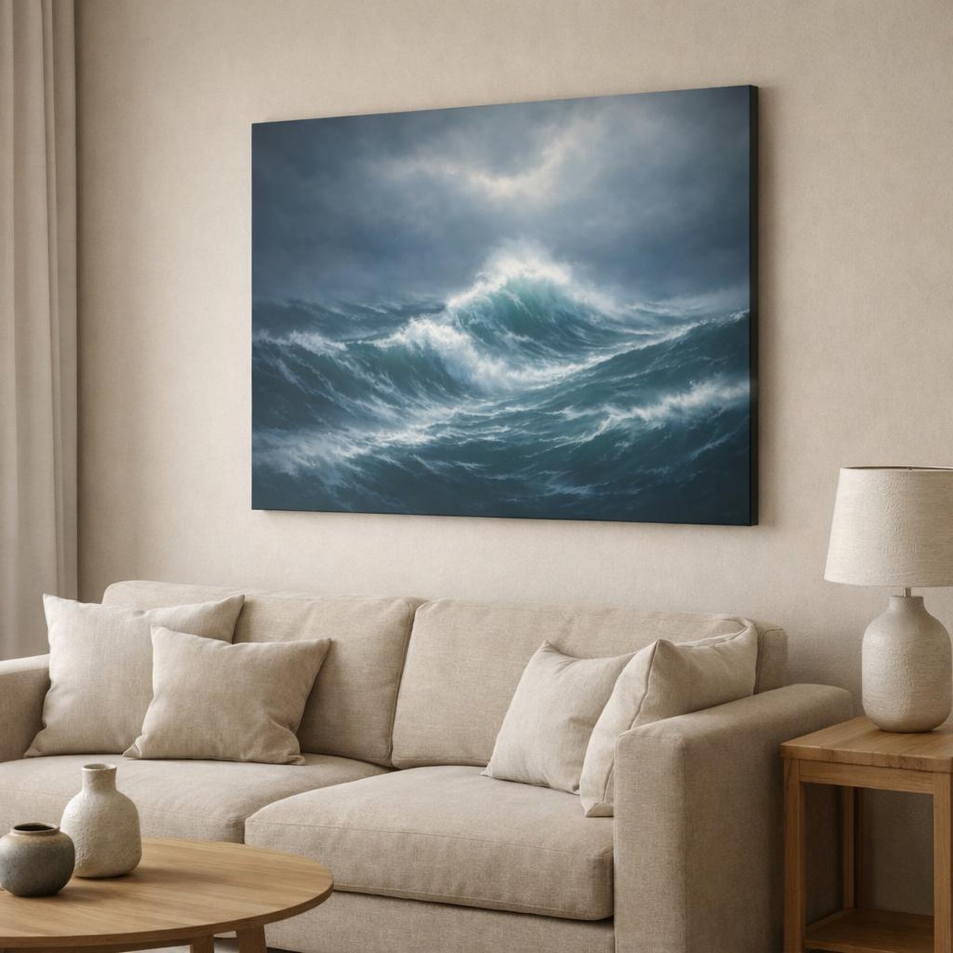 Abstract Stormy Ocean shown as canvas wall art in a modern living room