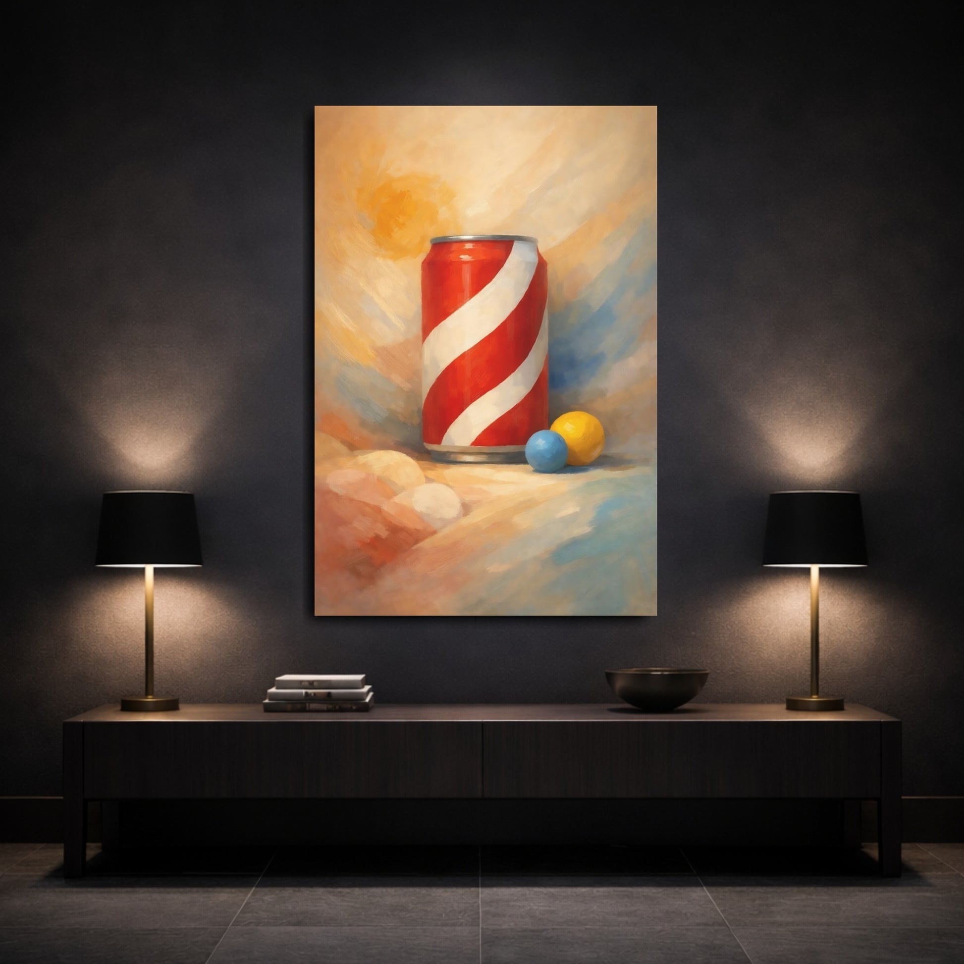 Mockup 2. Abstract Striped Can Red And White Can shown as stretched canvas wall art