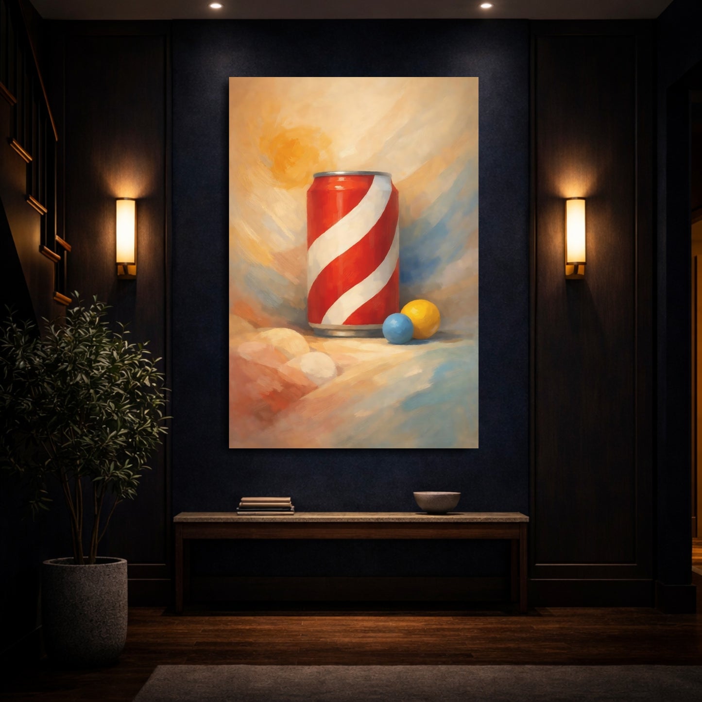 Mockup 3. Abstract Striped Can Red And White Can shown as stretched canvas wall art