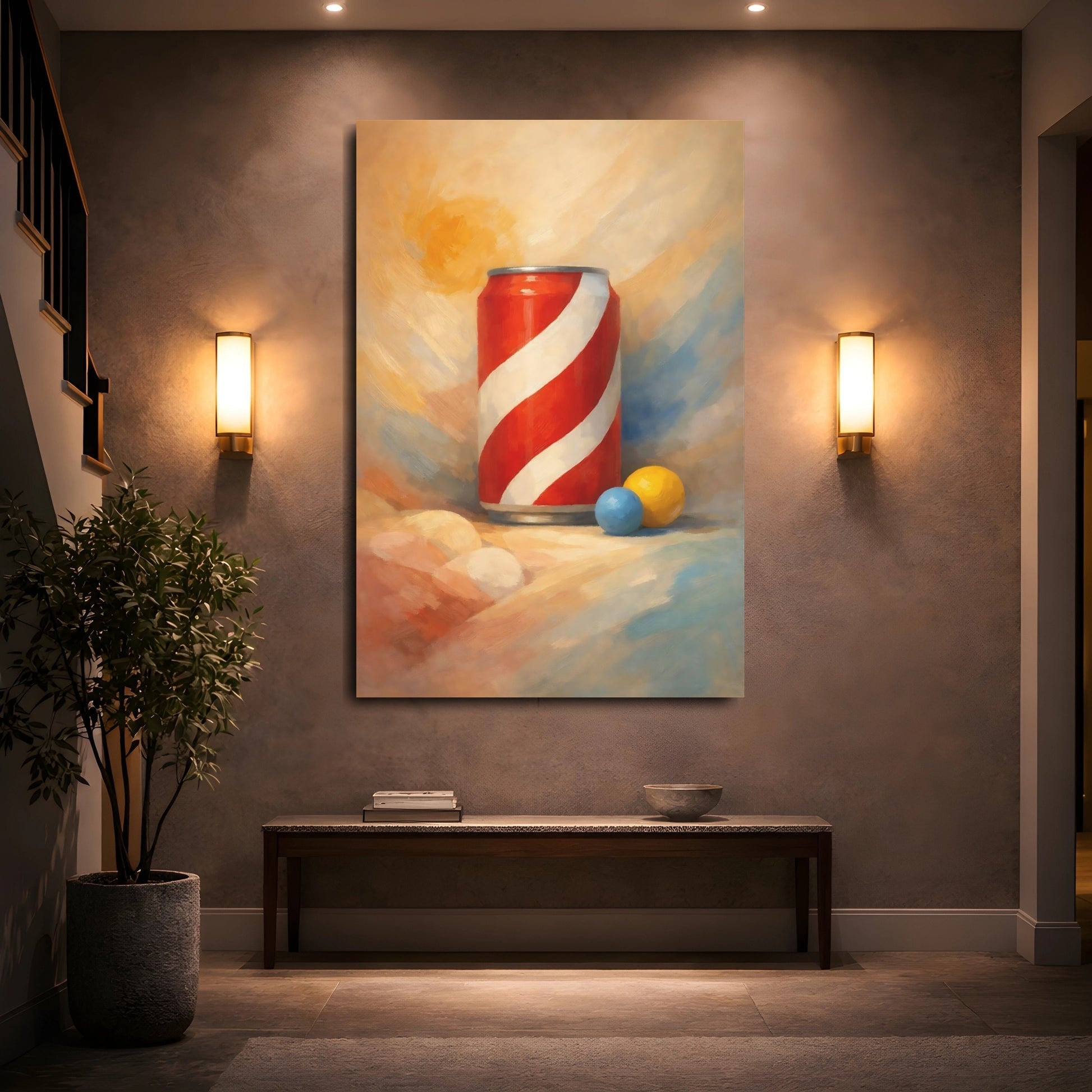 Mockup 4. Abstract Striped Can Red And White Can shown as stretched canvas wall art