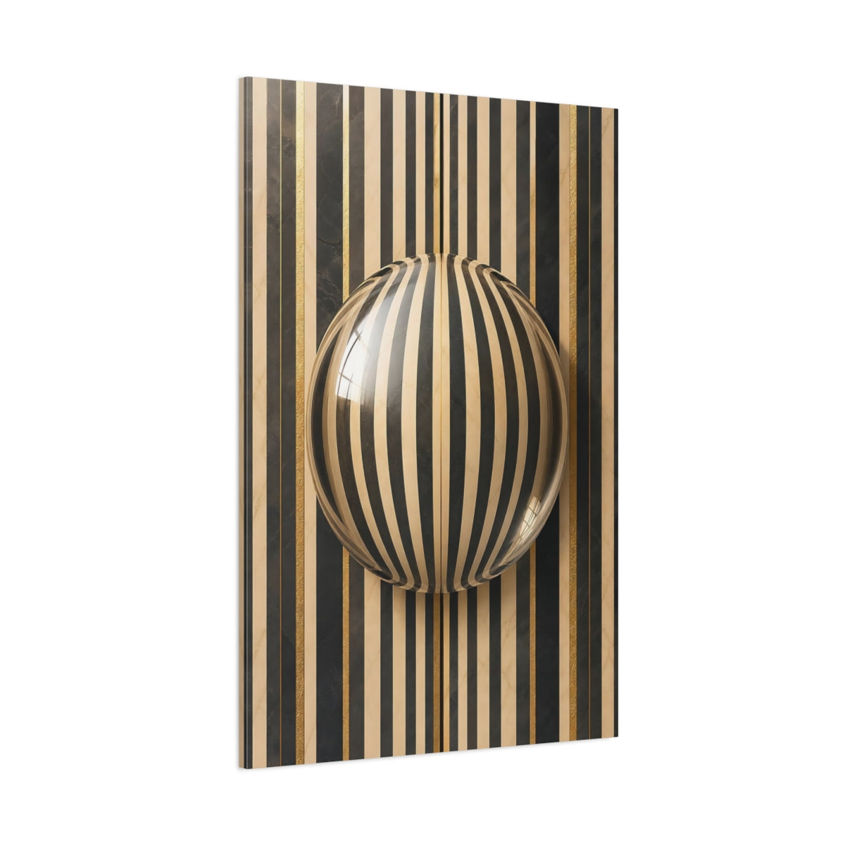 Side Mockup 1. Abstract Striped Sphere Black Gold Stripes shown as stretched canvas wall art