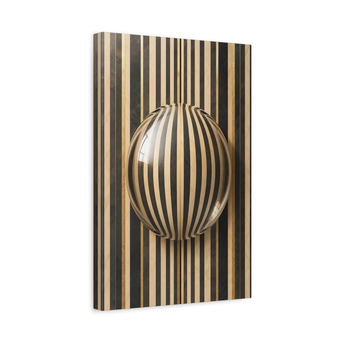 Side Mockup 4. Abstract Striped Sphere Black Gold Stripes shown as stretched canvas wall art