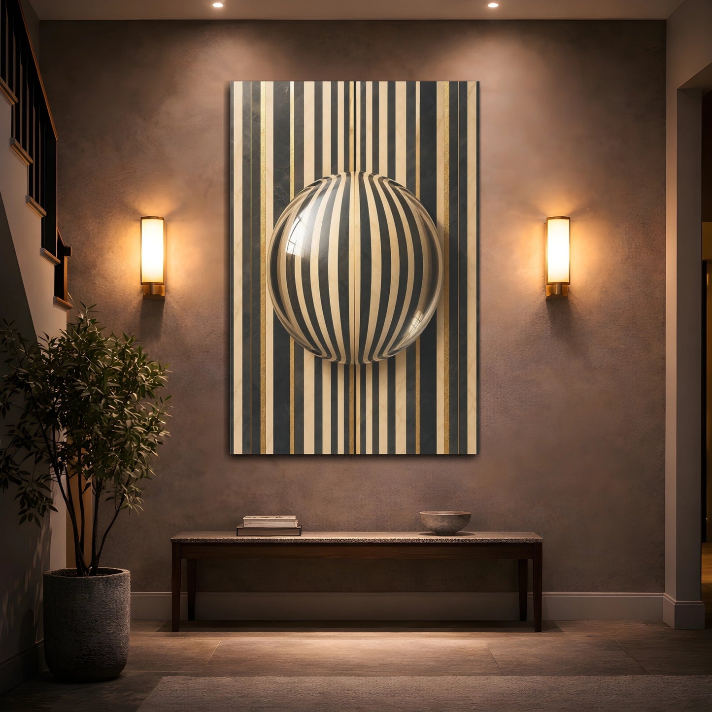 Mockup 2. Abstract Striped Sphere Black Gold Stripes shown as stretched canvas wall art