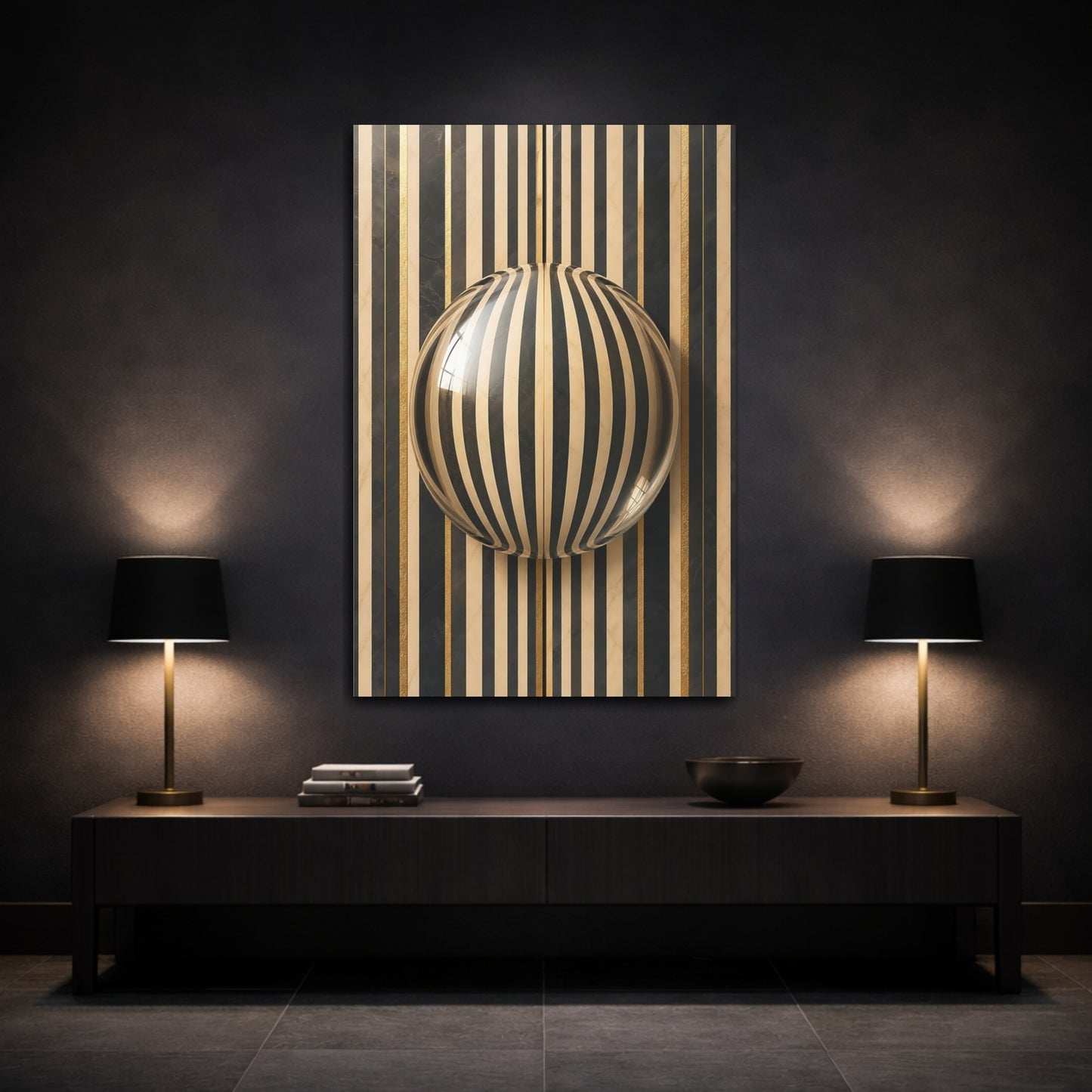 Mockup 3. Abstract Striped Sphere Black Gold Stripes shown as stretched canvas wall art