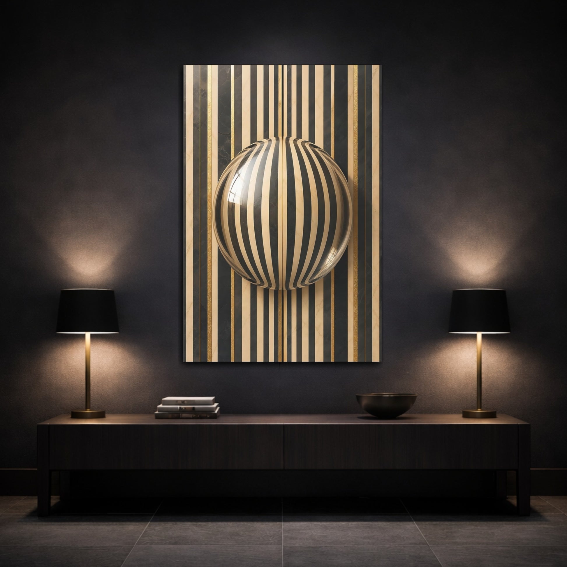 Mockup 3. Abstract Striped Sphere Black Gold Stripes shown as stretched canvas wall art