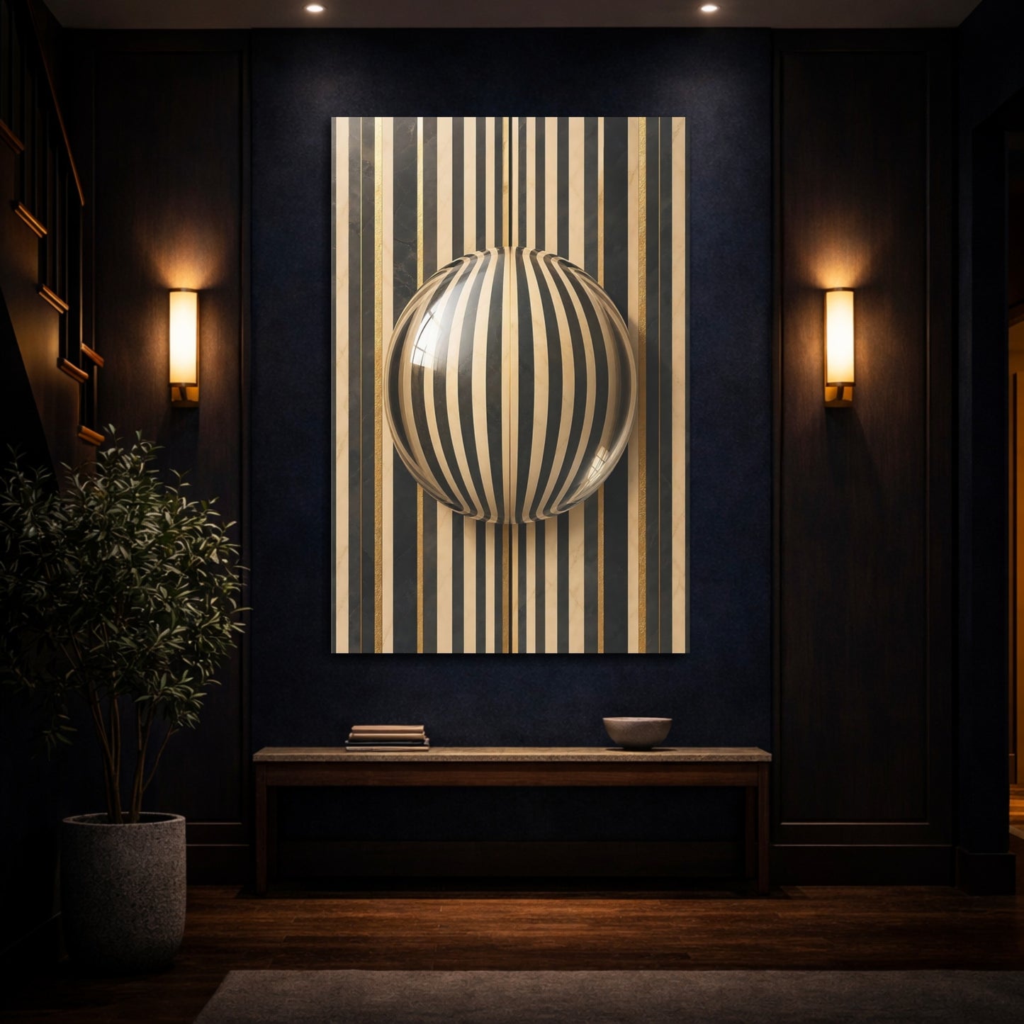 Mockup 4. Abstract Striped Sphere Black Gold Stripes shown as stretched canvas wall art