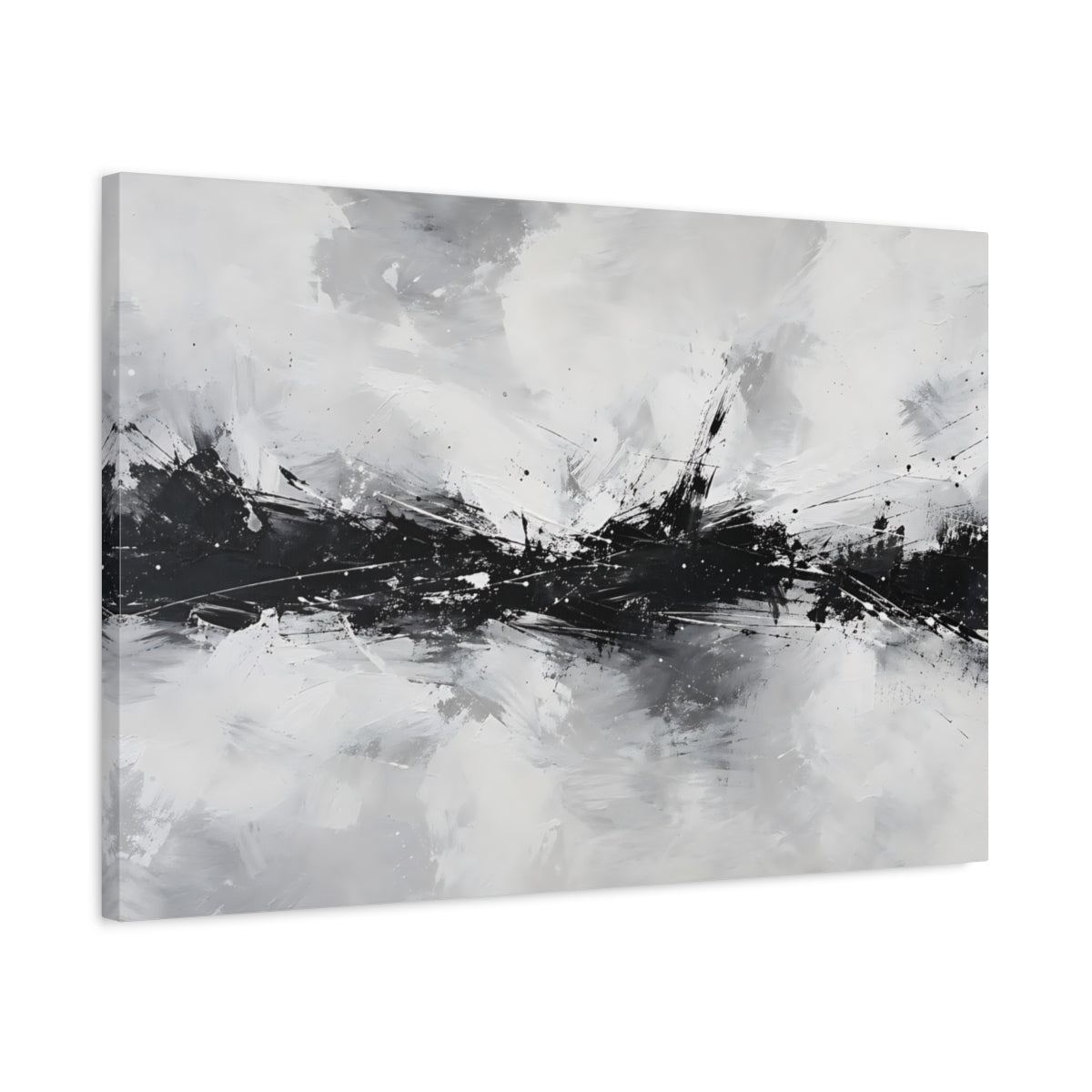 Side Mockup 2. Abstract Abstract Strokes Black And White Abstract shown as stretched canvas wall art