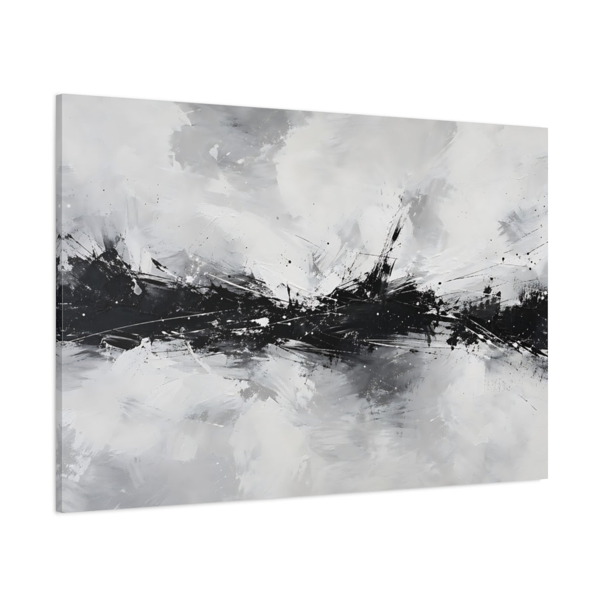 Side Mockup 1. Abstract Abstract Strokes Black And White Abstract shown as stretched canvas wall art