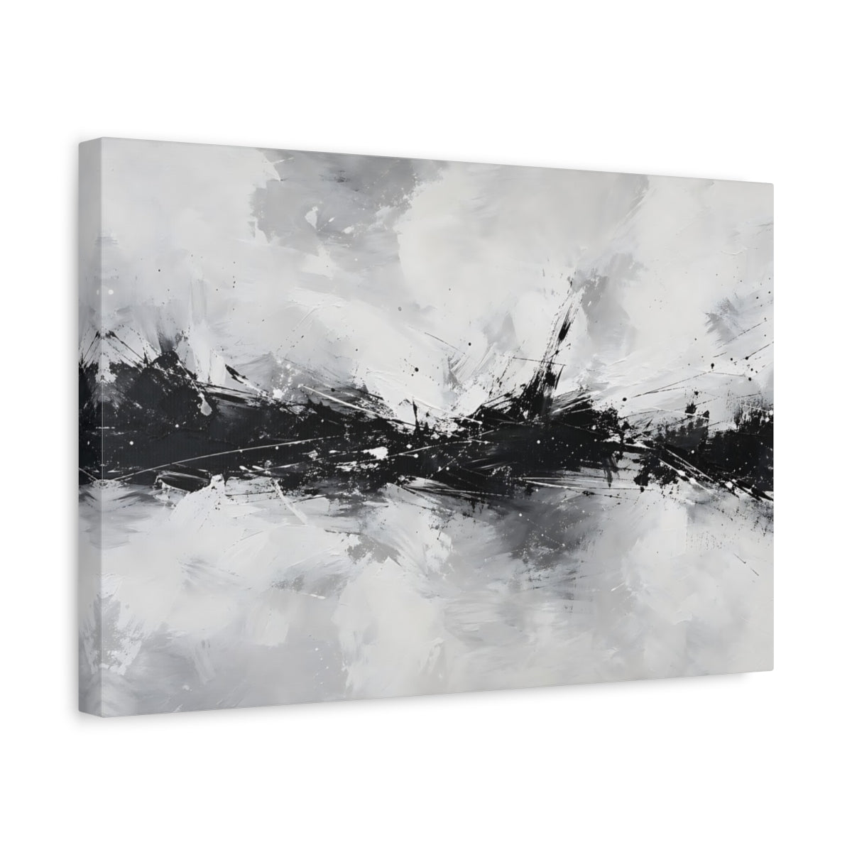 Side Mockup 4. Abstract Abstract Strokes Black And White Abstract shown as stretched canvas wall art