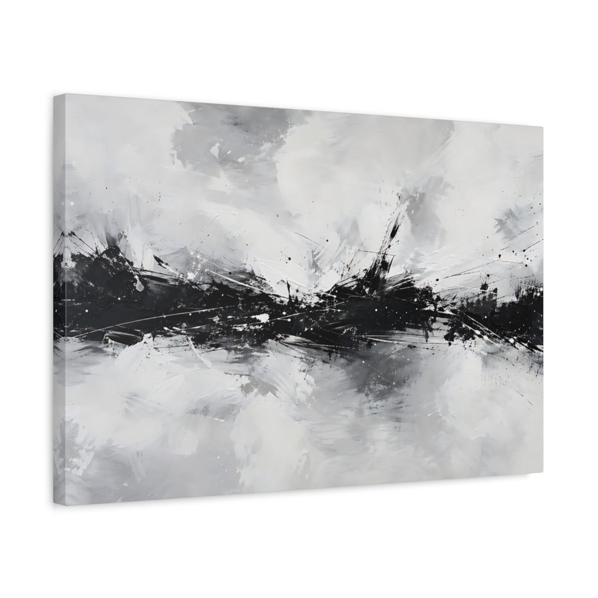 Side Mockup 3. Abstract Abstract Strokes Black And White Abstract shown as stretched canvas wall art
