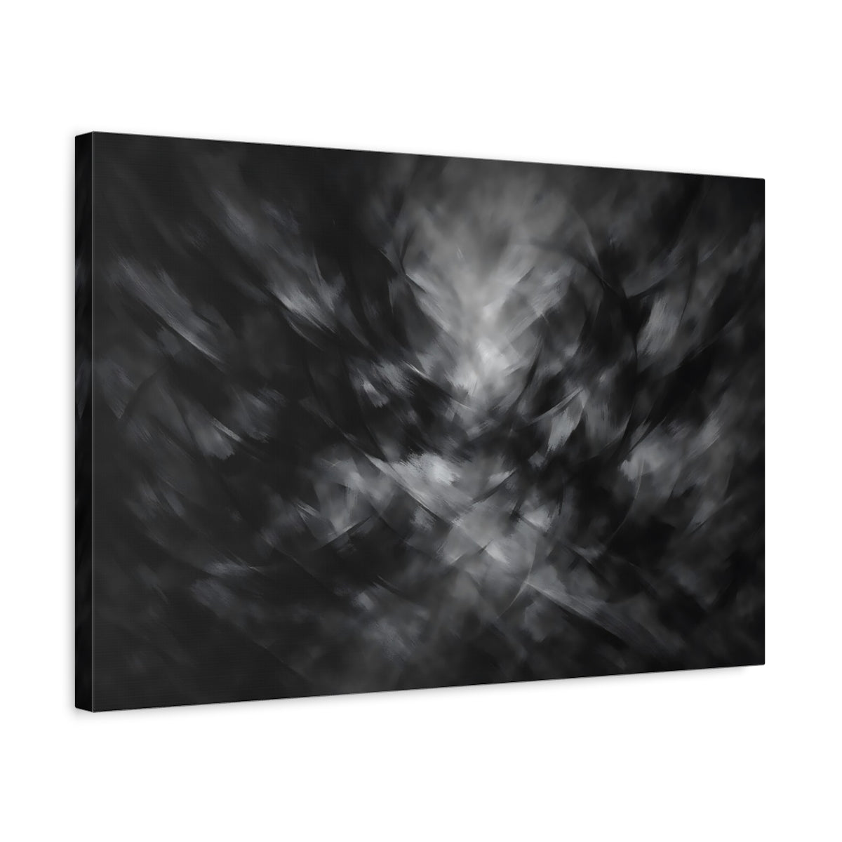 Side Mockup 3. Abstract Abstract Strokes Black And White shown as stretched canvas wall art