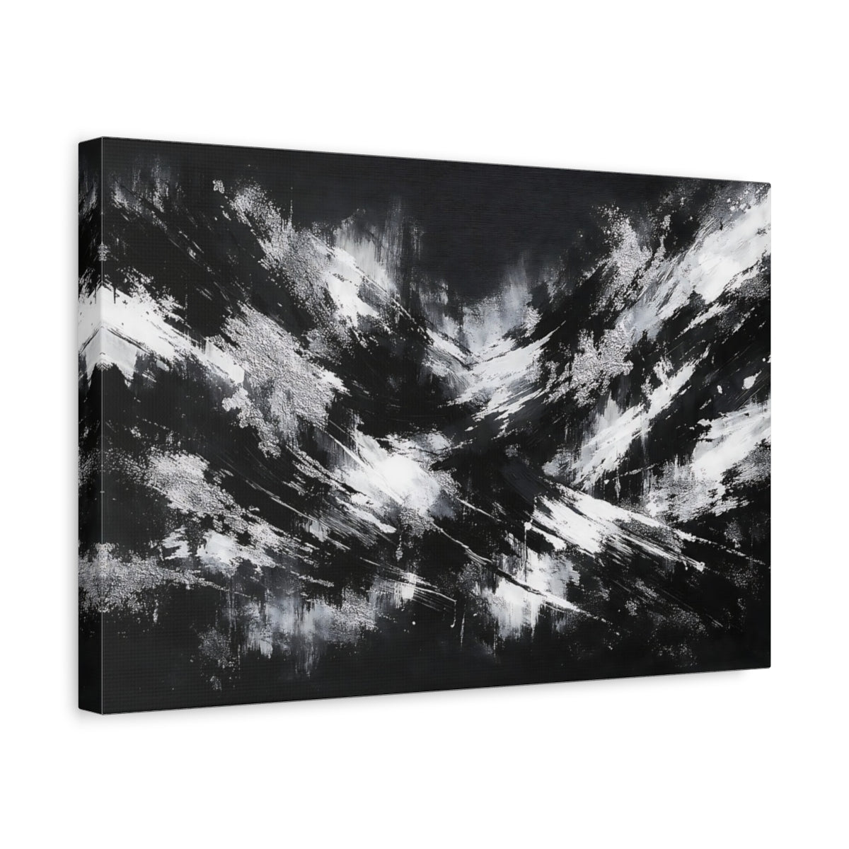 Side Mockup 4. Abstract Abstract Strokes Black And White shown as stretched canvas wall art