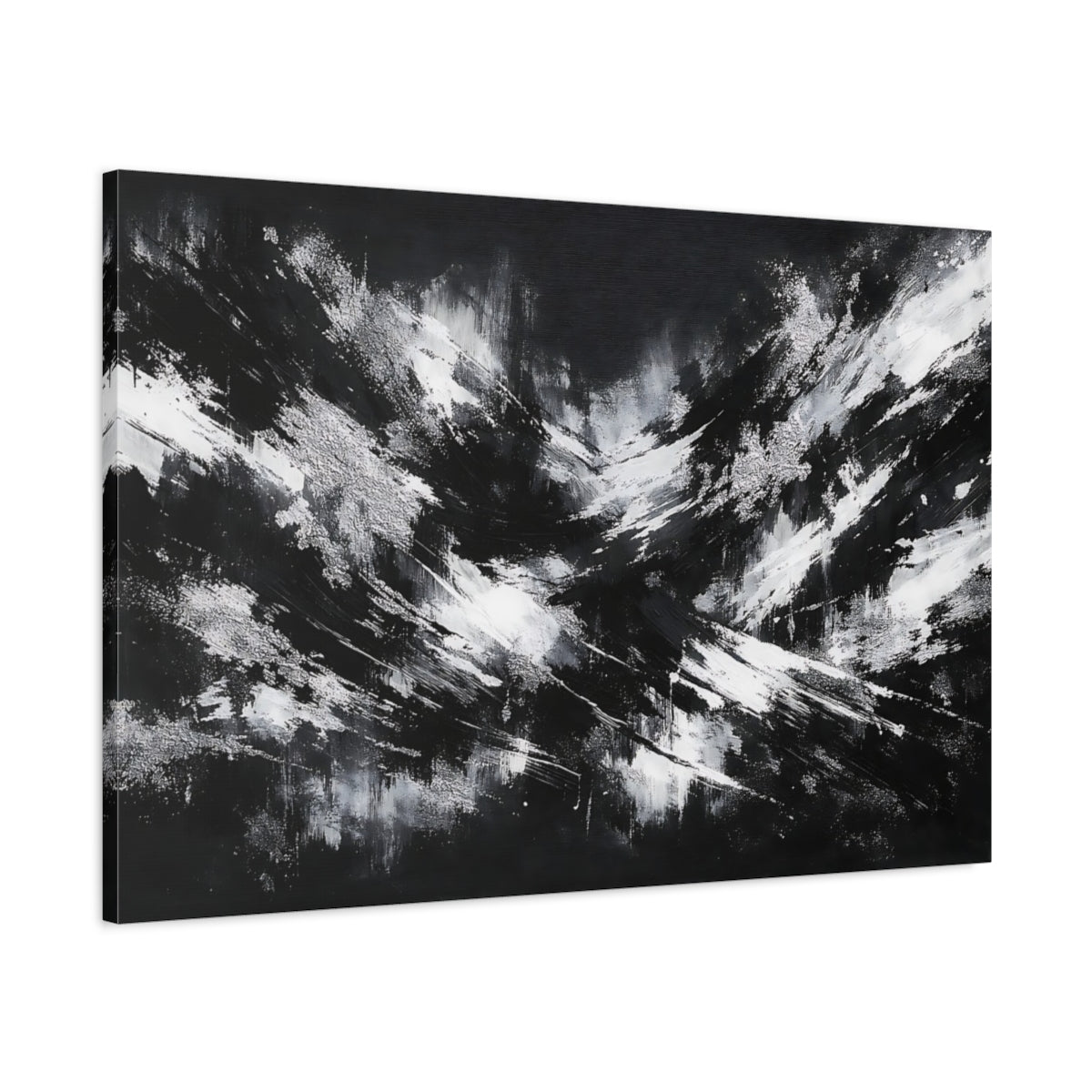Side Mockup 1. Abstract Abstract Strokes Black And White shown as stretched canvas wall art