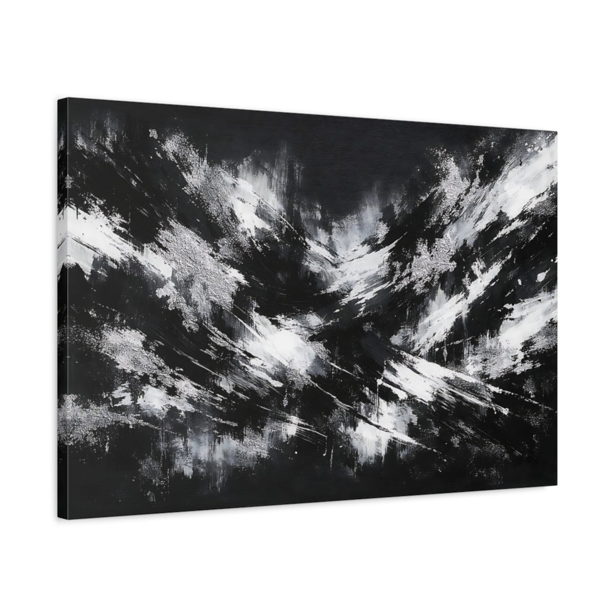 Side Mockup 2. Abstract Abstract Strokes Black And White shown as stretched canvas wall art