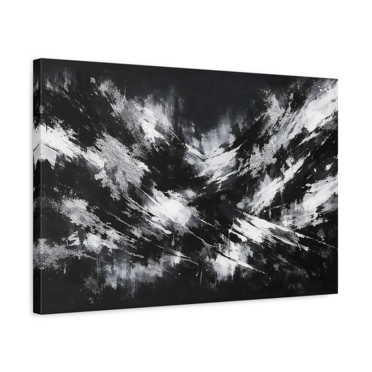 Side Mockup 3. Abstract Abstract Strokes Black And White shown as stretched canvas wall art
