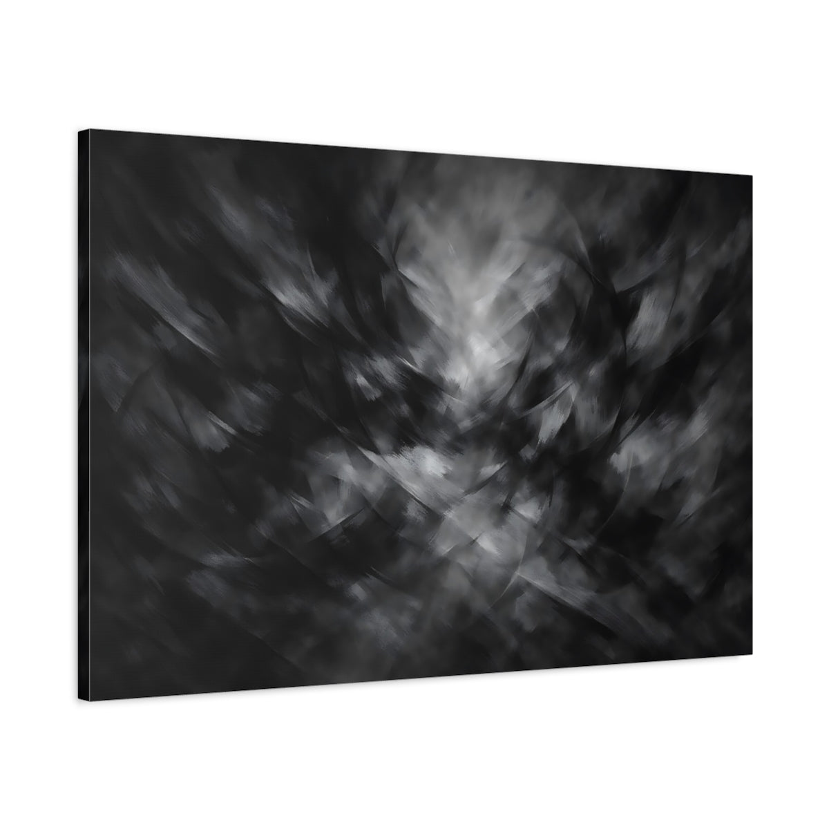 Side Mockup 1. Abstract Abstract Strokes Black And White shown as stretched canvas wall art