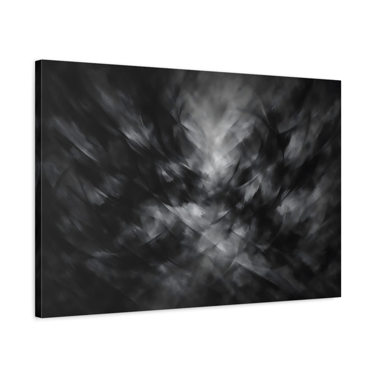 Side Mockup 2. Abstract Abstract Strokes Black And White shown as stretched canvas wall art